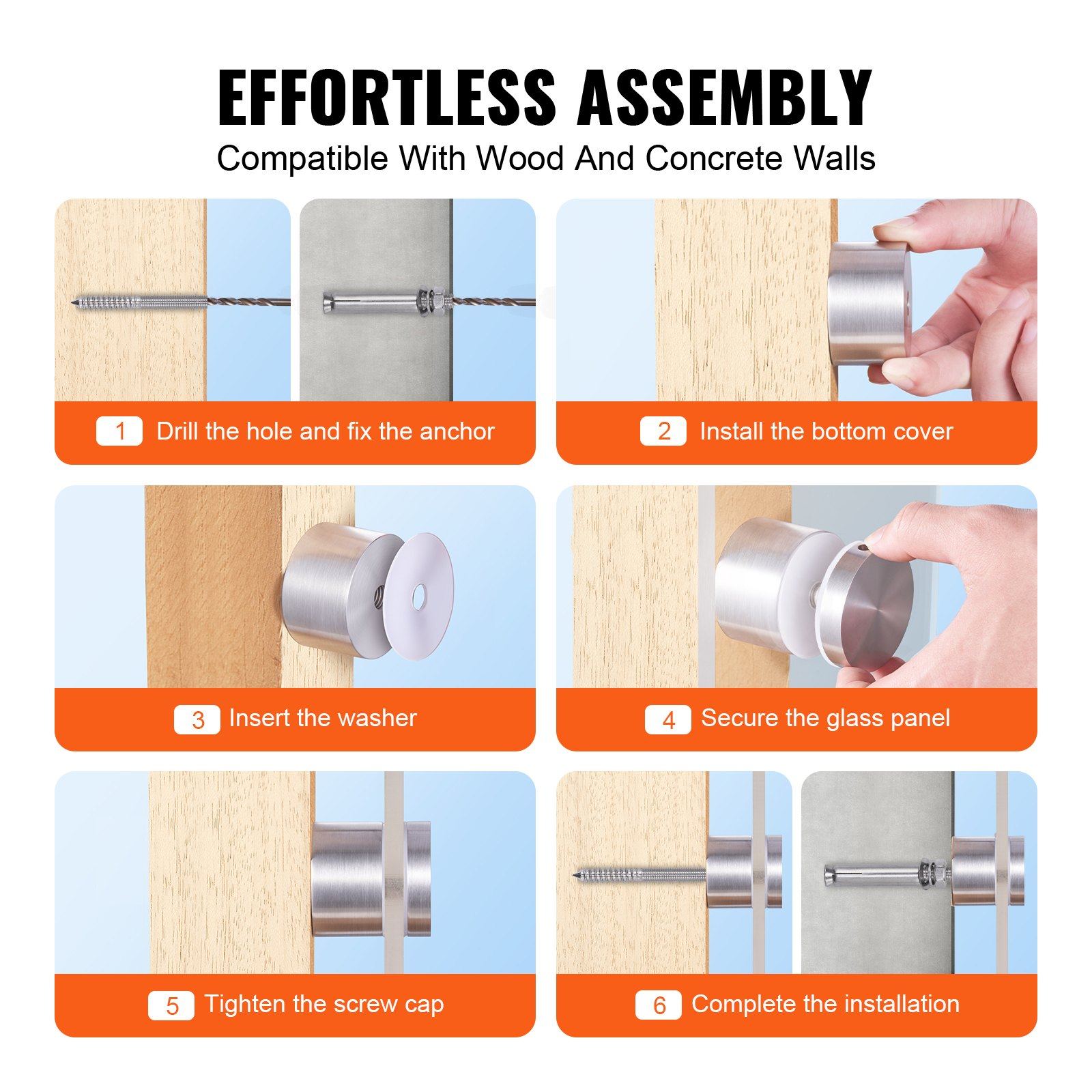 VEVOR Glass Clamp, 10 PCS Round Glass Railing Bracket for 0.31 "-0.62 " Tempered Glass, 316 Stainless Steel Glass Mounting Clamp, Glass Shelf Bracket for Balcony, Garden, Pool, Stair, Silver