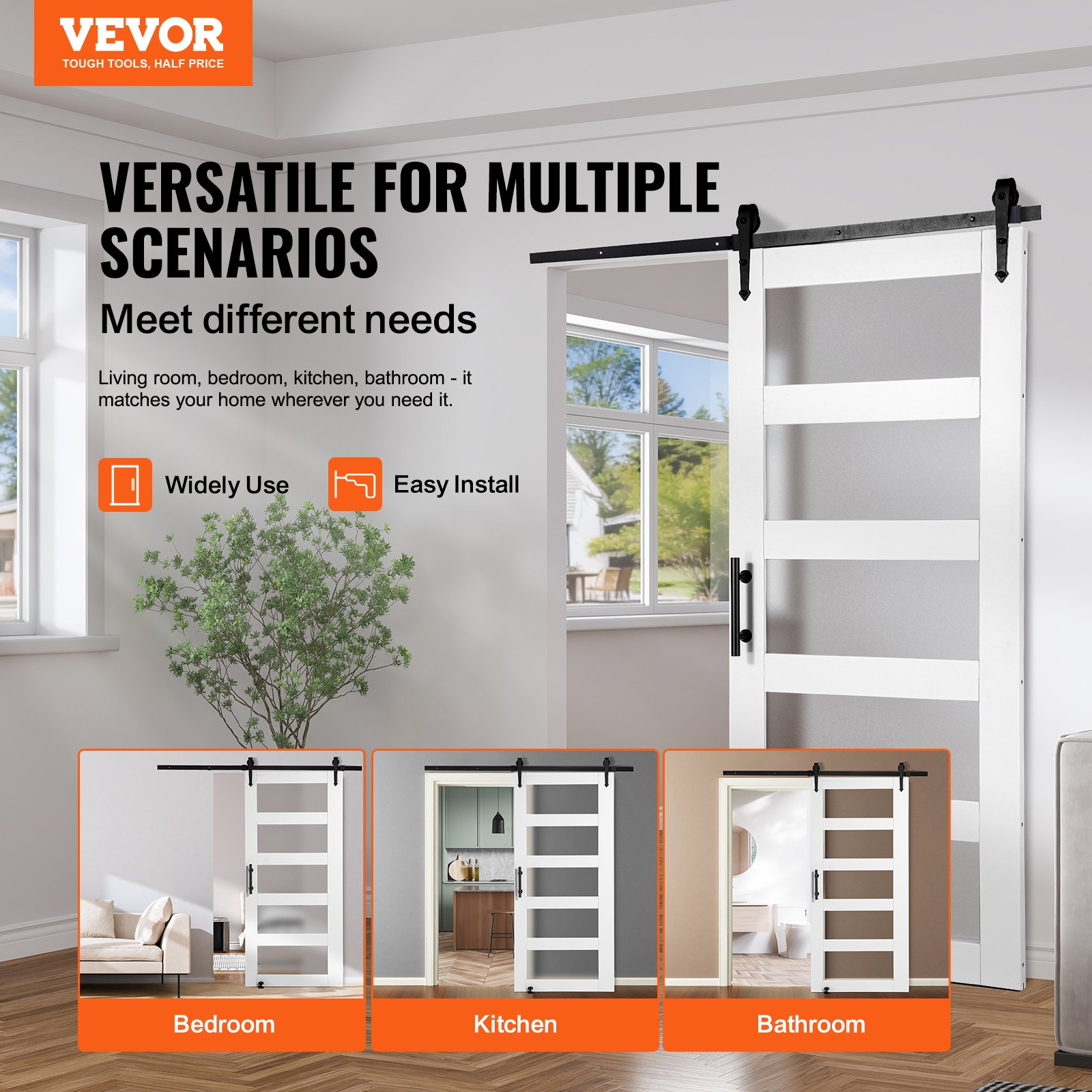 VEVOR Barn Door and Hardware Kit 42" x 84" Wood and Glass Sliding Barn Door Kit
