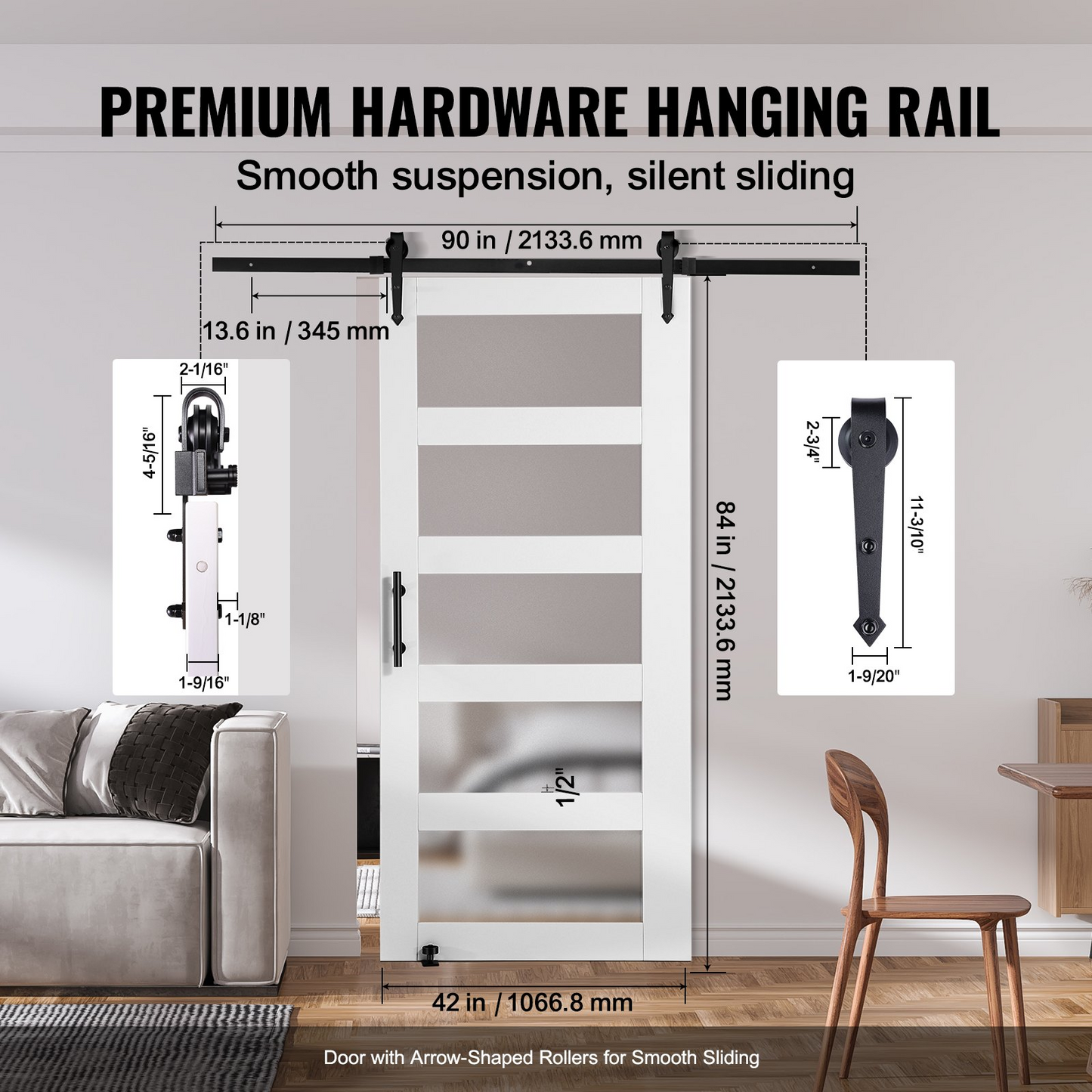 VEVOR Barn Door and Hardware Kit 42" x 84" Wood and Glass Sliding Barn Door Kit