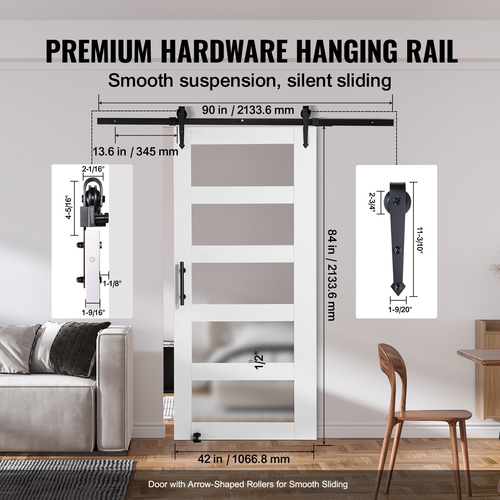 VEVOR Barn Door and Hardware Kit 42" x 84" Wood and Glass Sliding Barn Door Kit