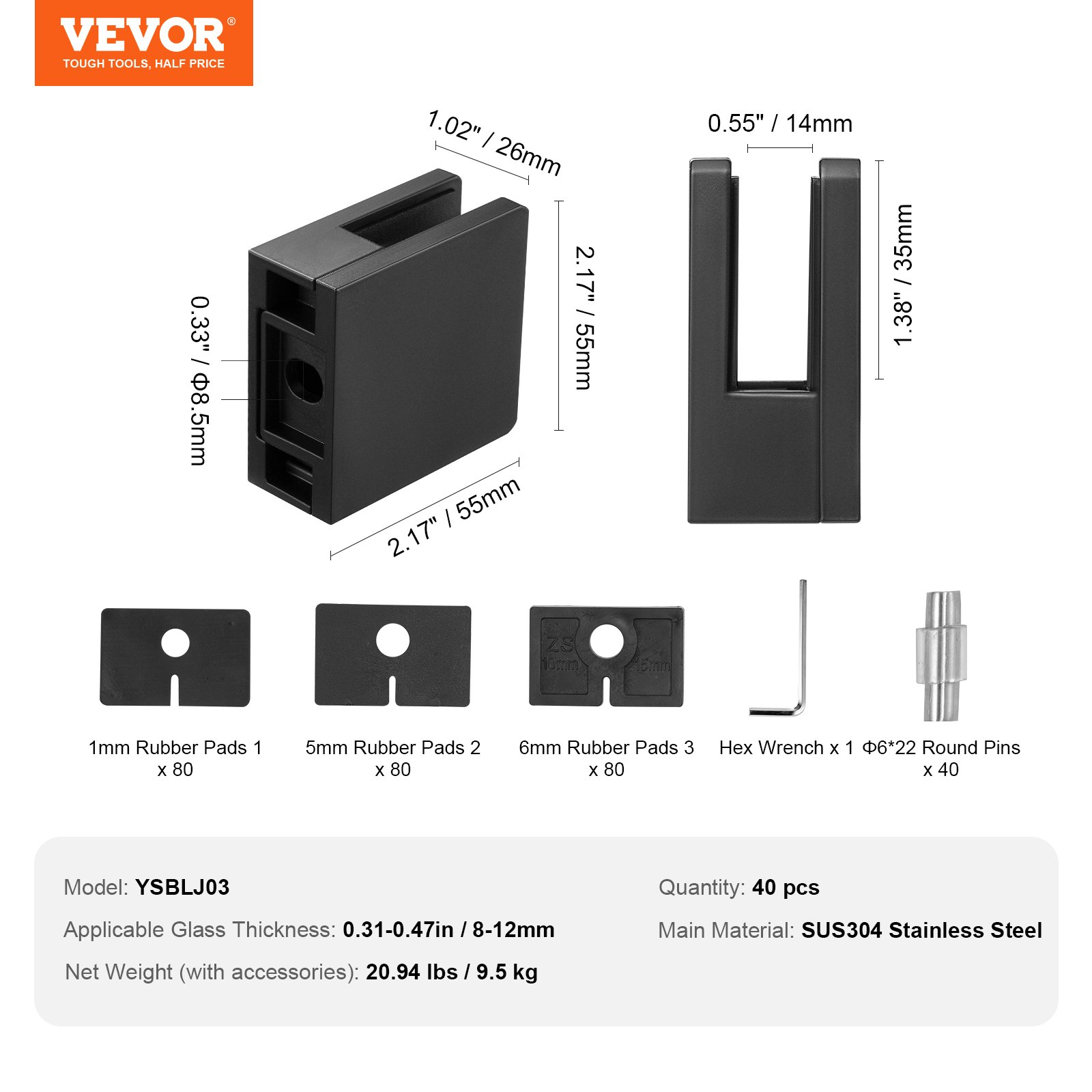 VEVOR Glass Clamp 40 PCS Square Railing Bracket for 0.31"-0.47" (0.8-1.2cm) Glass Black