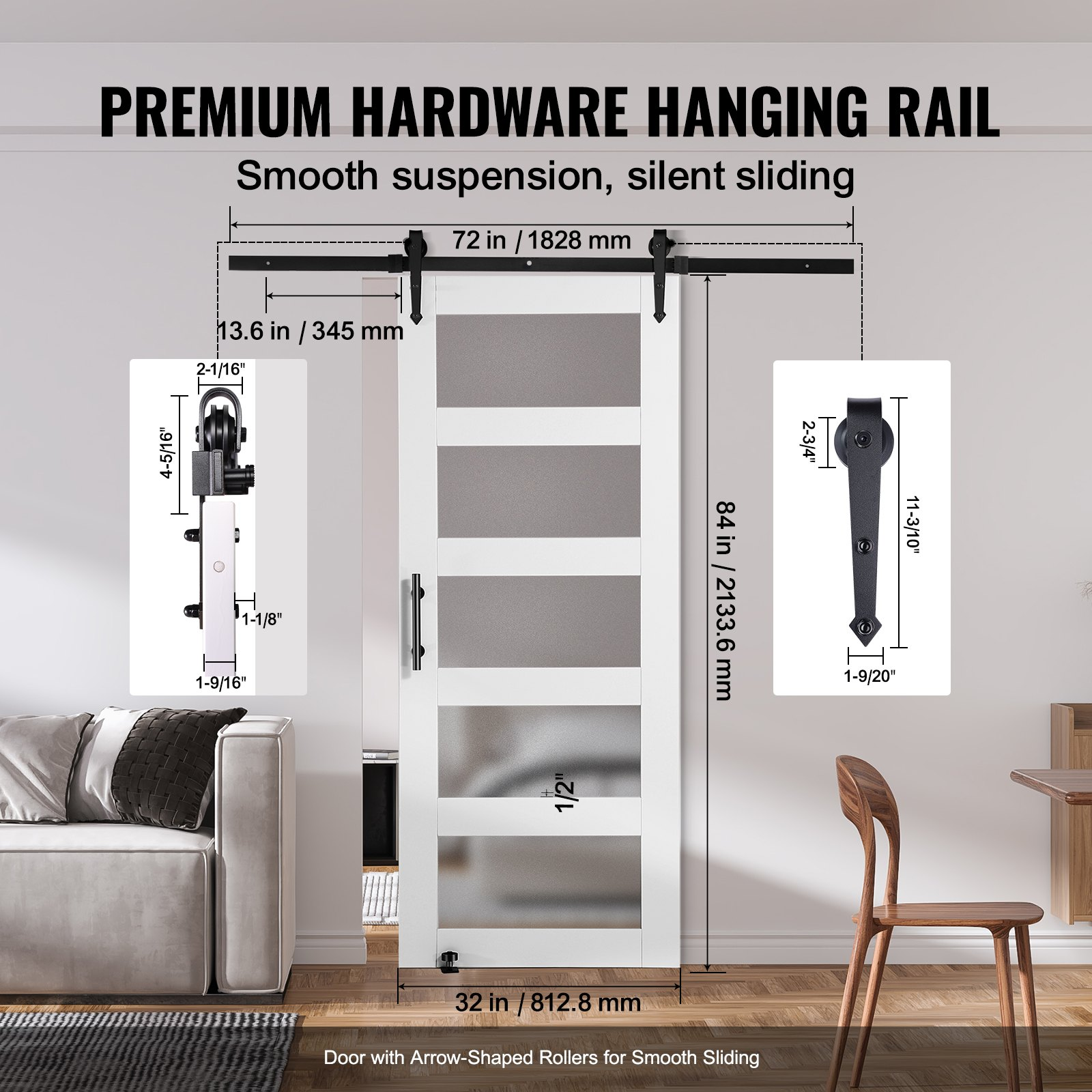 VEVOR Barn Door and Hardware Kit 32" x 84" Wood and Glass Sliding Barn Door Kit