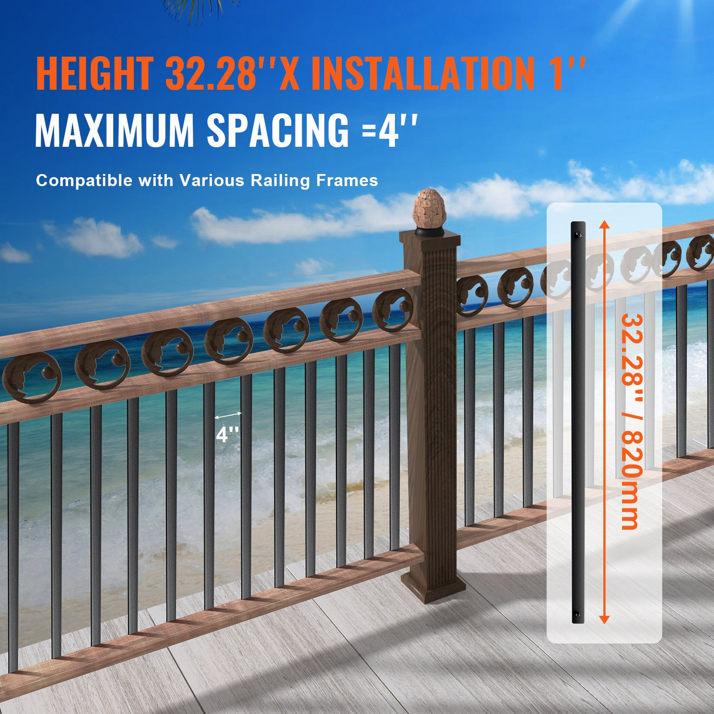 VEVOR Staircase Metal Balusters, 32.28"x1"x0.2" Flat Aluminum Alloy Decorative Banister Spindles, 51 Pack Deck Baluster with Screws, Classic Hollow Deck Railing Satin Black Powder Coated for Porch