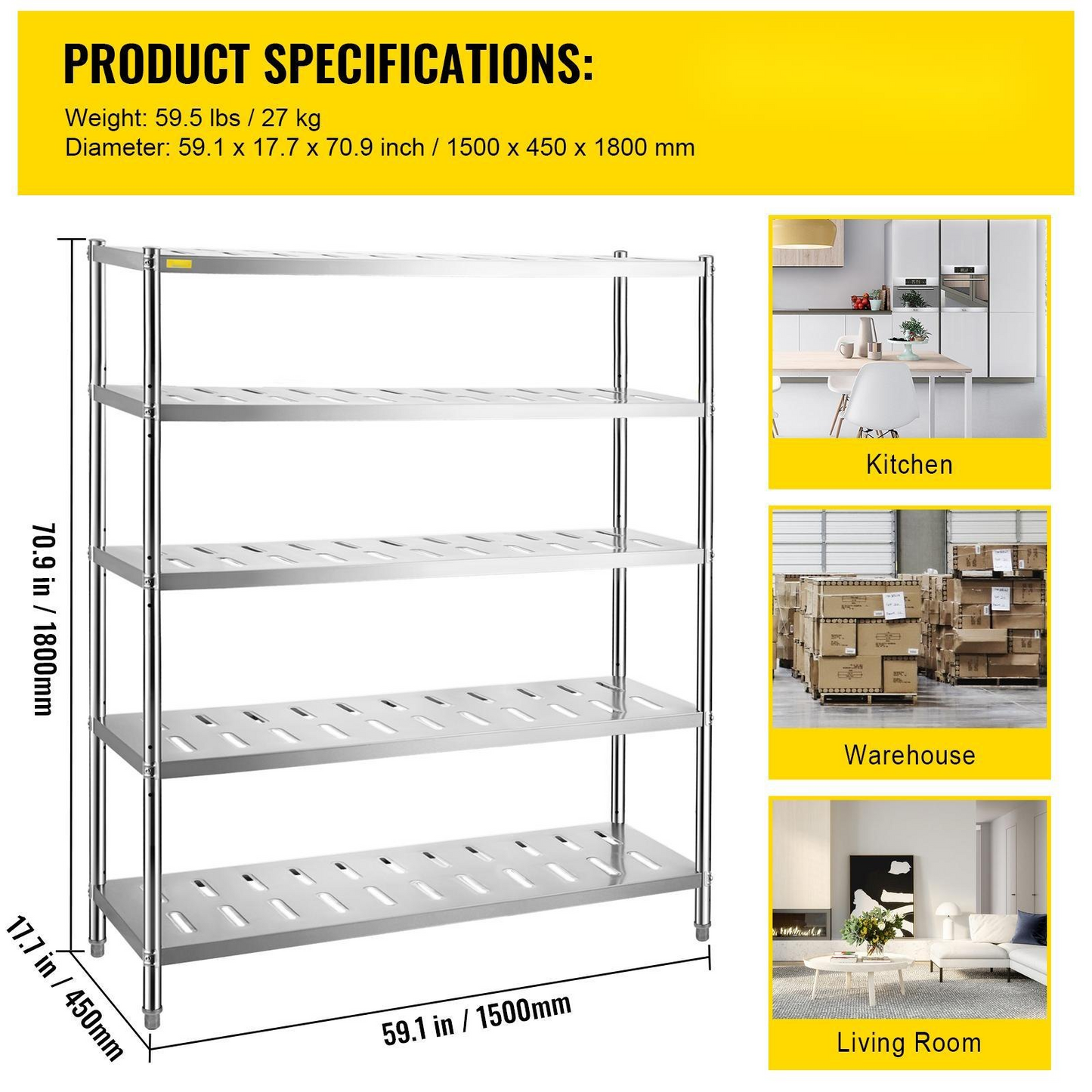 VEVOR Garage Shelf Heavy Duty Shelving 5-Tier 59.1x17.7x70.9 in Stainless Steel