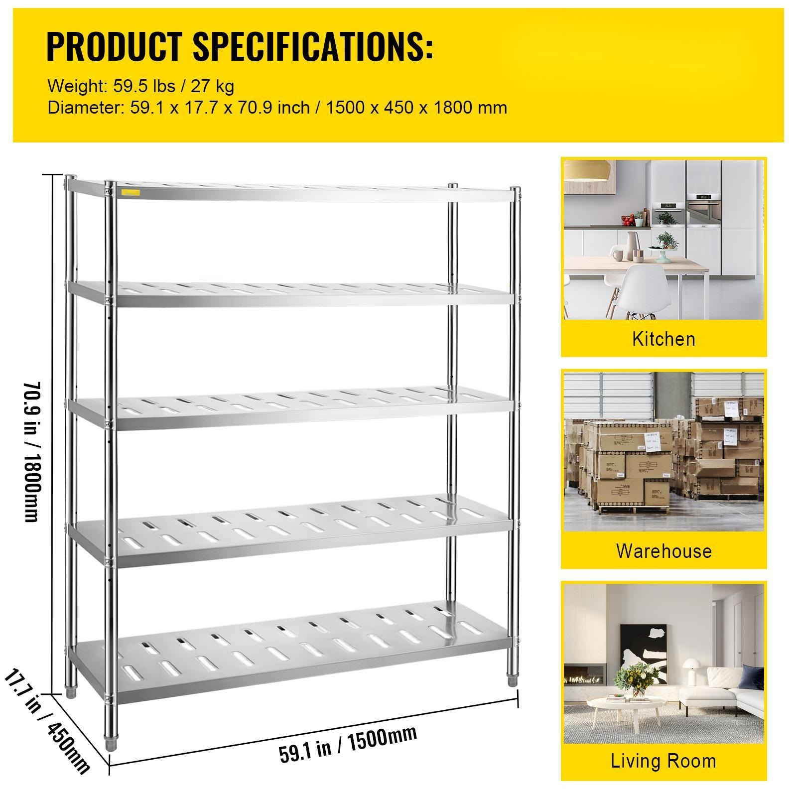 VEVOR Garage Shelf Heavy Duty Shelving 5-Tier 59.1x17.7x70.9 in Stainless Steel