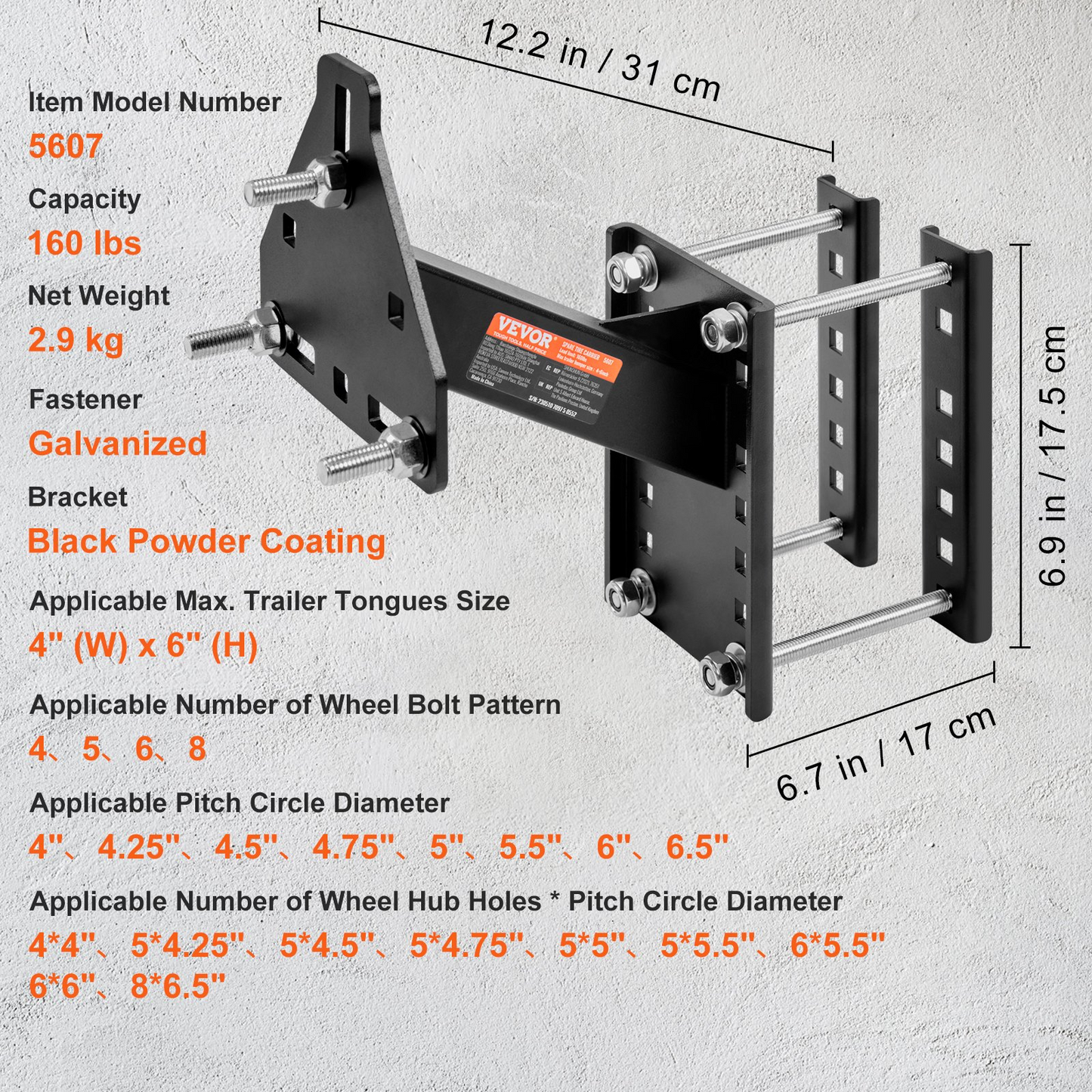 VEVOR Spare Tire Carrier, Trailer Spare Tire Mount, 72.6 kg Capacity, Utility Trailer Accessories Fits Most 4 & 5 & 6 & 8 Lugs Wheels on 10.2 cm, 10.8 cm, 11.4 cm, 12.1 cm, 12.7 cm, 14 cm, 15.2 cm, 16.5 cm Bolt Patterns