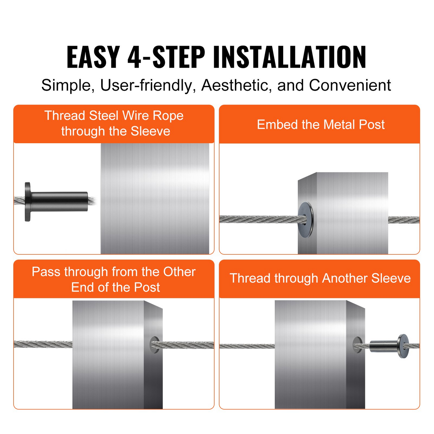 VEVOR 101 Pack T316 Stainless Steel Protector Sleeves for 3.2mm Wire Rope Cable Railing, DIY Balustrade T316 Marine Grade, Come with A Free Drill Bit, Black