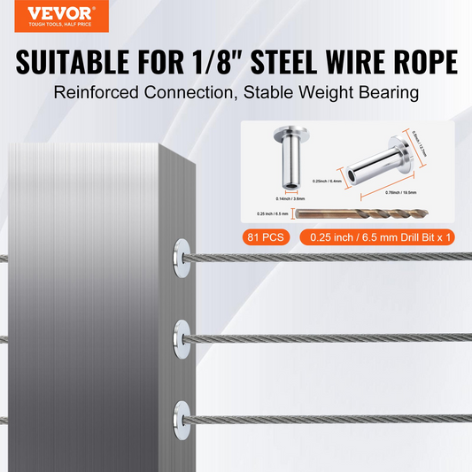 VEVOR 81 Pack T316 Stainless Steel Protector Sleeves for 3.2mm Wire Rope Cable Railing, DIY Balustrade T316 Marine Grade, Come with A Free Drill Bit, Silver