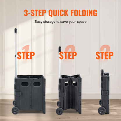 VEVOR Foldable Utility Cart, 80 lbs Load Capacity, Folding Portable Rolling Crate Handcart with Durable Heavy Duty Telescoping Handle and 2 Wheels for Travel Shopping Moving Luggage Office Use, Black