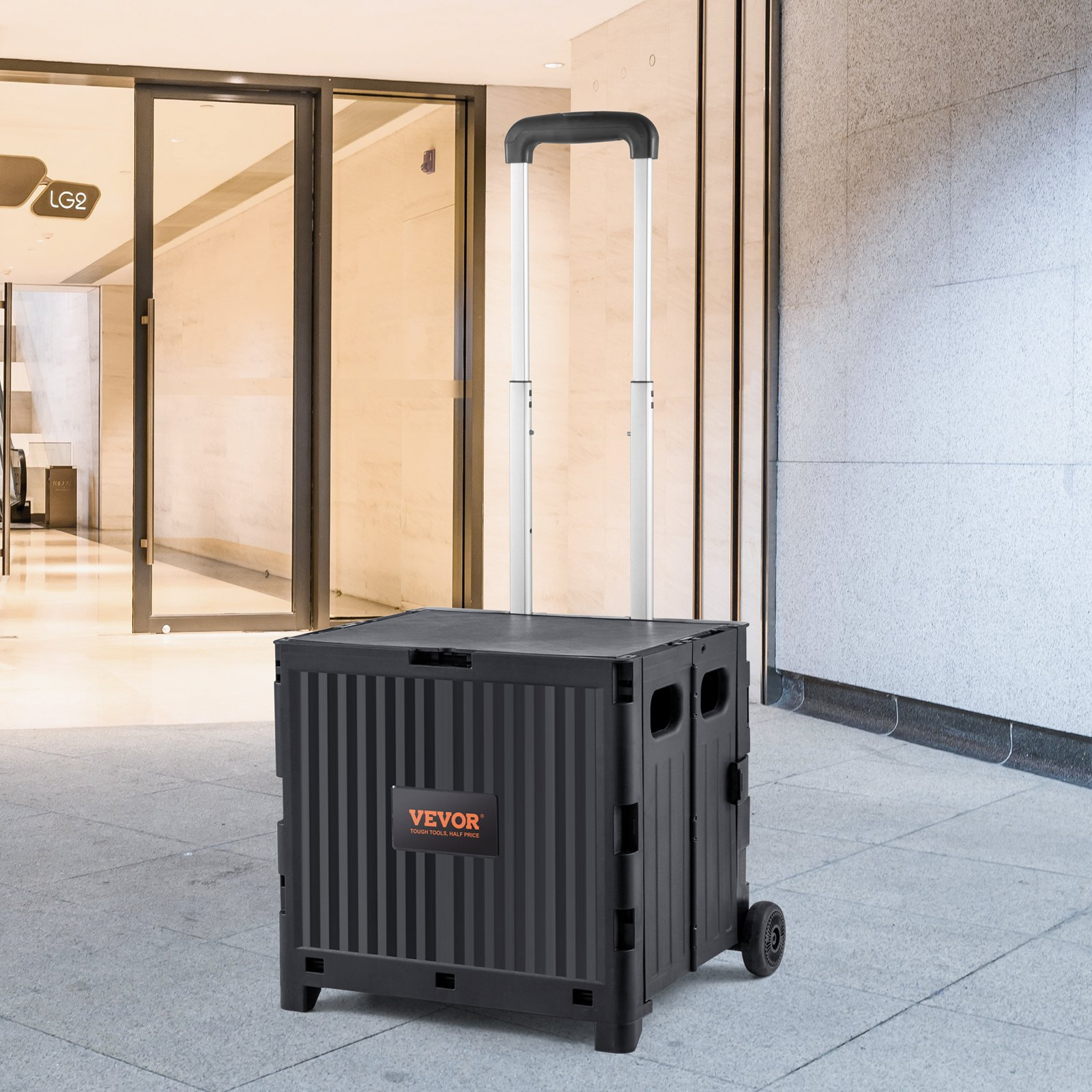 VEVOR Foldable Utility Cart, 80 lbs Load Capacity, Folding Portable Rolling Crate Handcart with Durable Heavy Duty Telescoping Handle and 2 Wheels for Travel Shopping Moving Luggage Office Use, Black