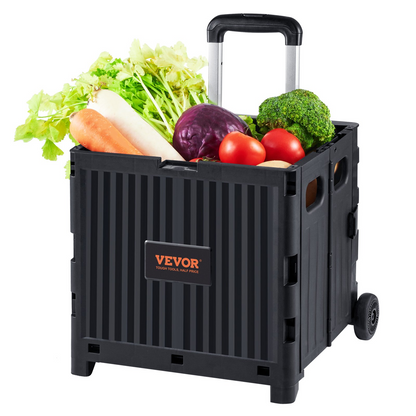 VEVOR Foldable Utility Cart, 80 lbs Load Capacity, Folding Portable Rolling Crate Handcart with Durable Heavy Duty Telescoping Handle and 2 Wheels for Travel Shopping Moving Luggage Office Use, Black