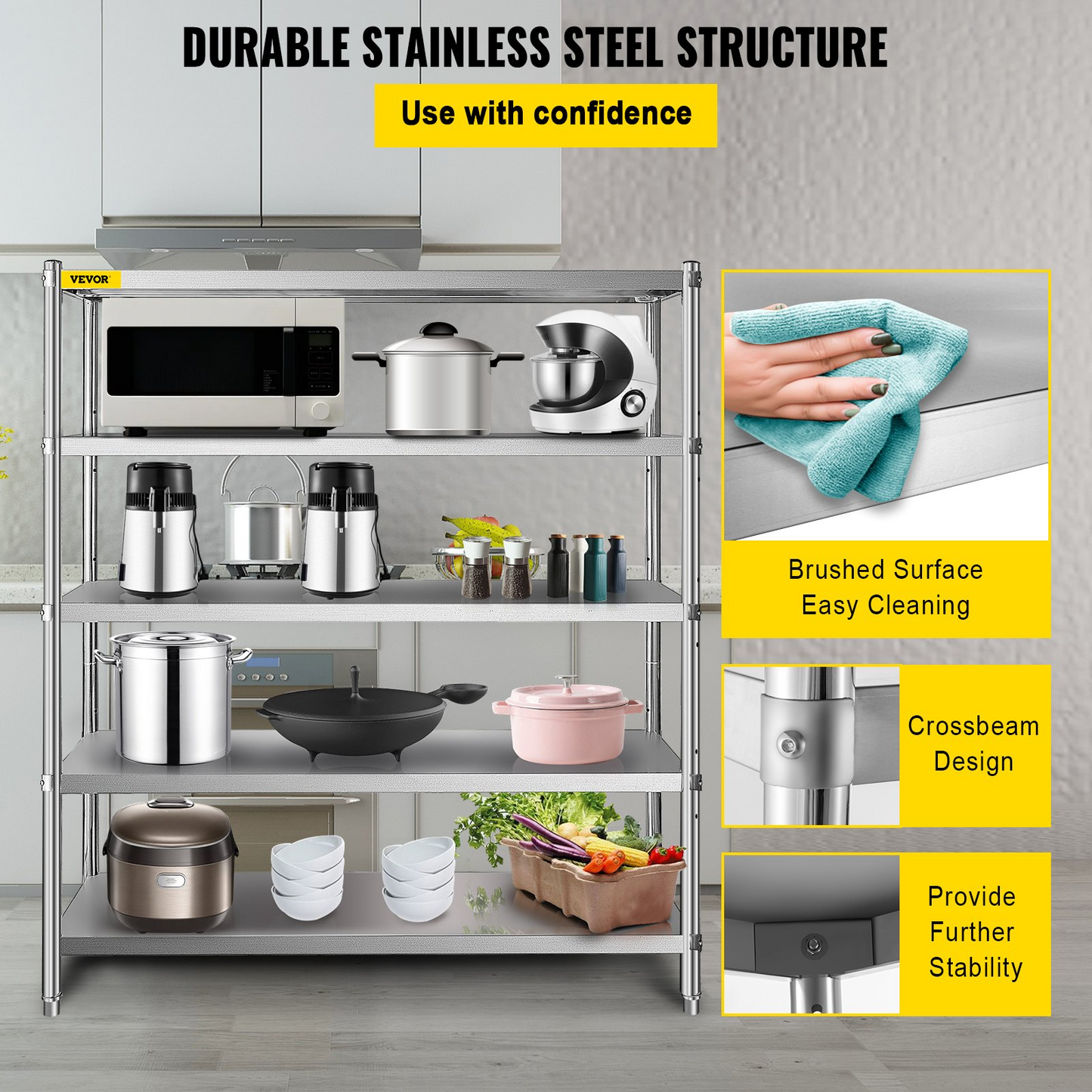 VEVOR Storage Shelf, 5-Tier Storage Shelving Unit, Stainless Steel Garage Shelf, 180.1 x 45 x 180.1 cm Heavy Duty Storage Shelving, 748.4 kg Total Capacity with Adjustable Height