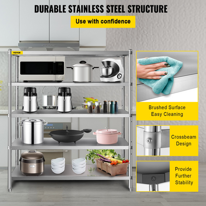 VEVOR Storage Shelf, 5-Tier Storage Shelving Unit, Stainless Steel Garage Shelf, 180.1 x 45 x 180.1 cm Heavy Duty Storage Shelving, 748.4 kg Total Capacity with Adjustable Height