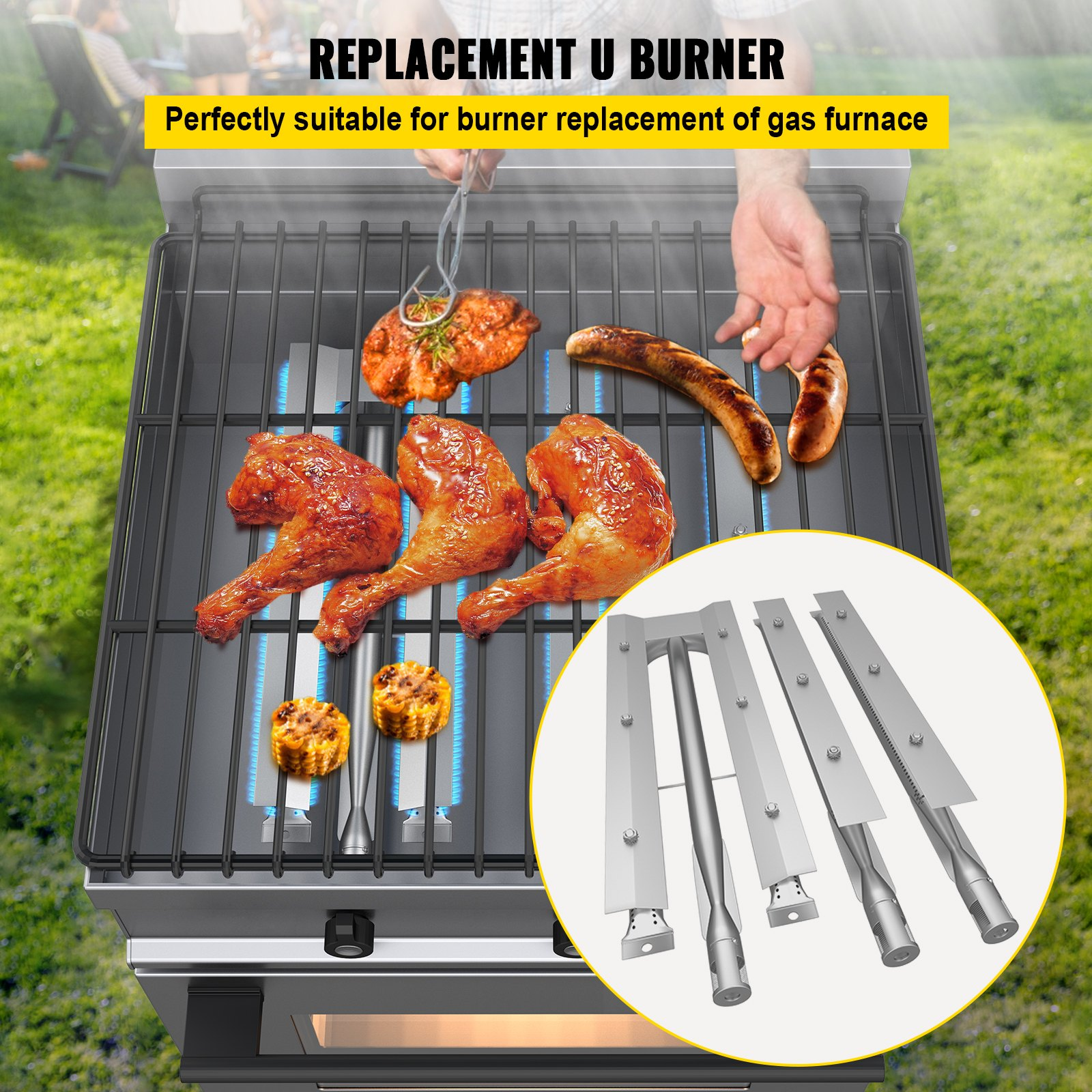 VEVOR BBQ Burners Replacement, Stainless Steel Burner Grill Part Kit, 3 Packs BBQ Burners Replacement, Grill Burner Replacement w/ Air Flap Barbecue Replacement Parts w/ Evenly Burning for Gas Grills