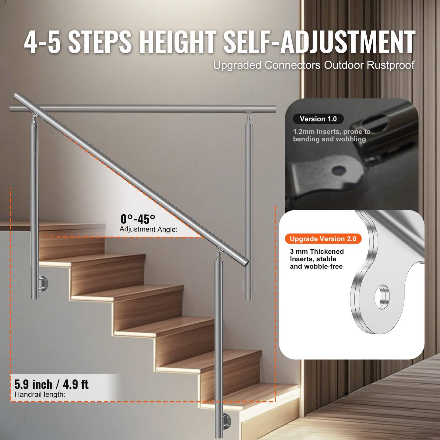 VEVOR 149.9 cm Handrails for Outdoor Steps Staircase for Porch Deck Side-mount