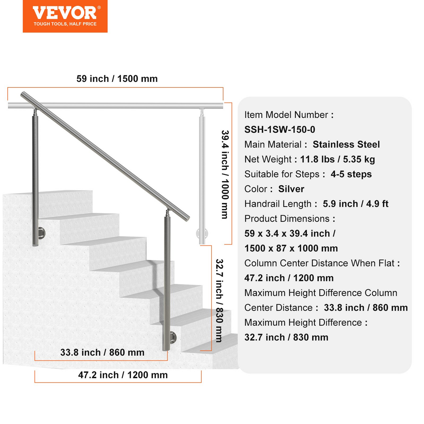 VEVOR 149.9 cm Handrails for Outdoor Steps Staircase for Porch Deck Side-mount