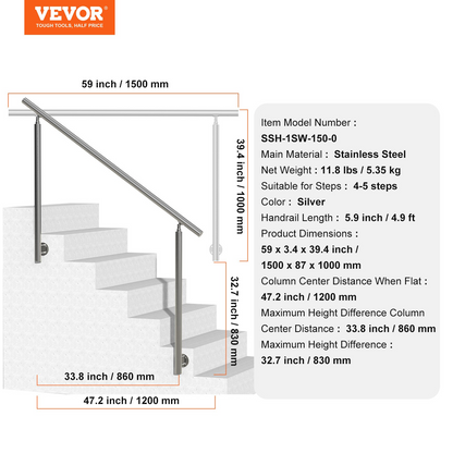 VEVOR 149.9 cm Handrails for Outdoor Steps Staircase for Porch Deck Side-mount