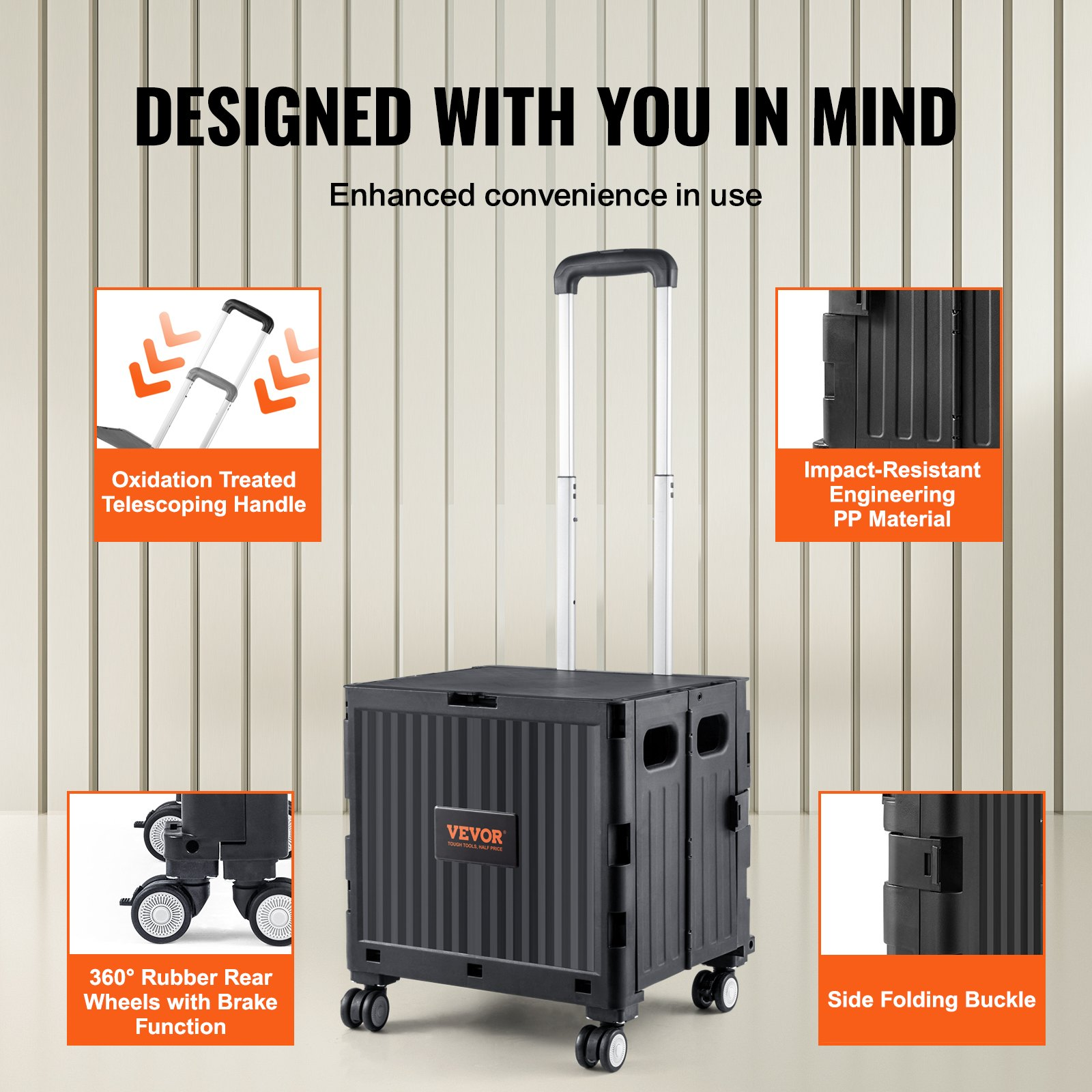 VEVOR Foldable Utility Cart, 110 lbs Load Capacity, Folding Portable Rolling Crate Handcart with Heavy Duty Telescoping Handle and 4 Rotate Wheels for Travel Shopping Moving Luggage Office Use, Black