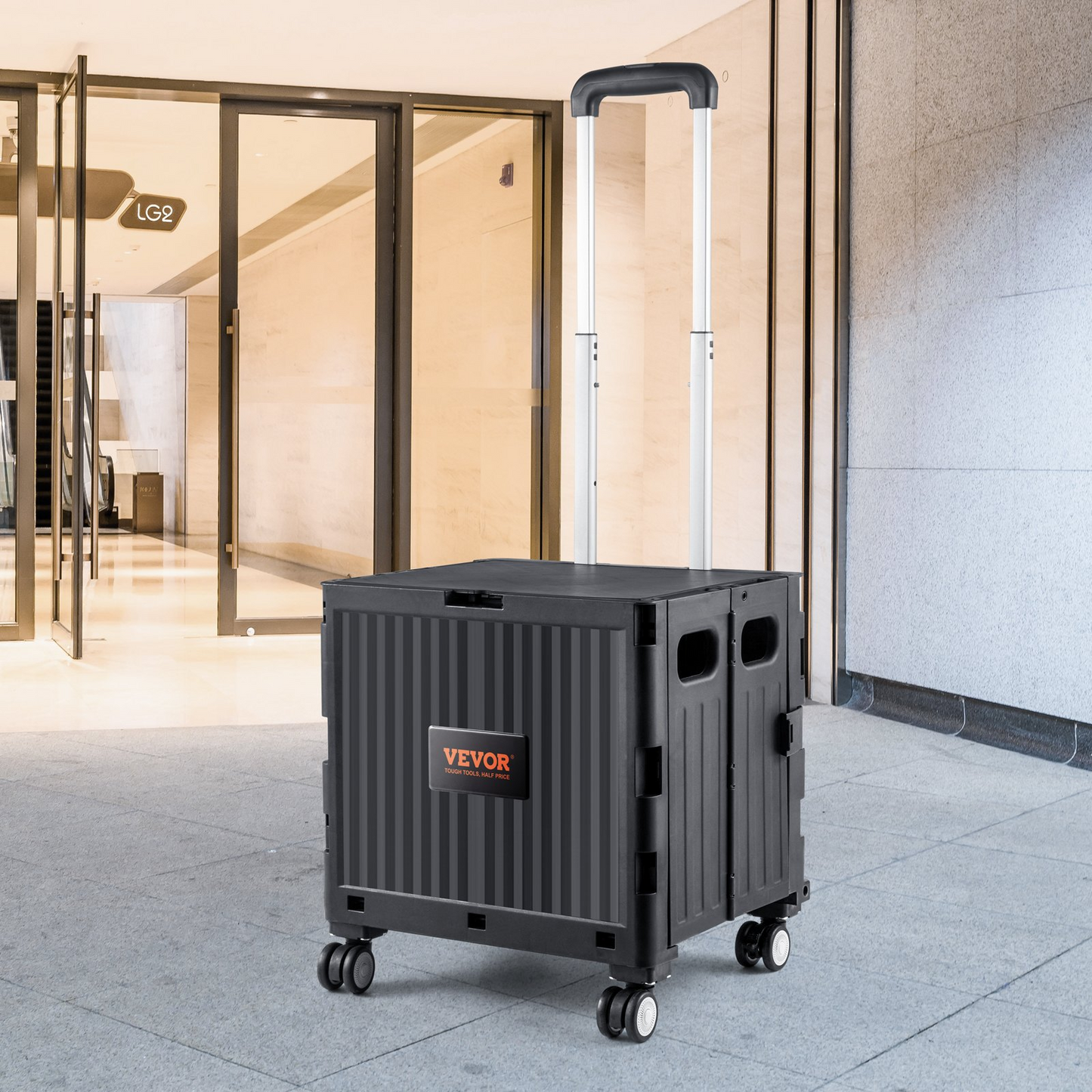 VEVOR Foldable Utility Cart, 110 lbs Load Capacity, Folding Portable Rolling Crate Handcart with Heavy Duty Telescoping Handle and 4 Rotate Wheels for Travel Shopping Moving Luggage Office Use, Black