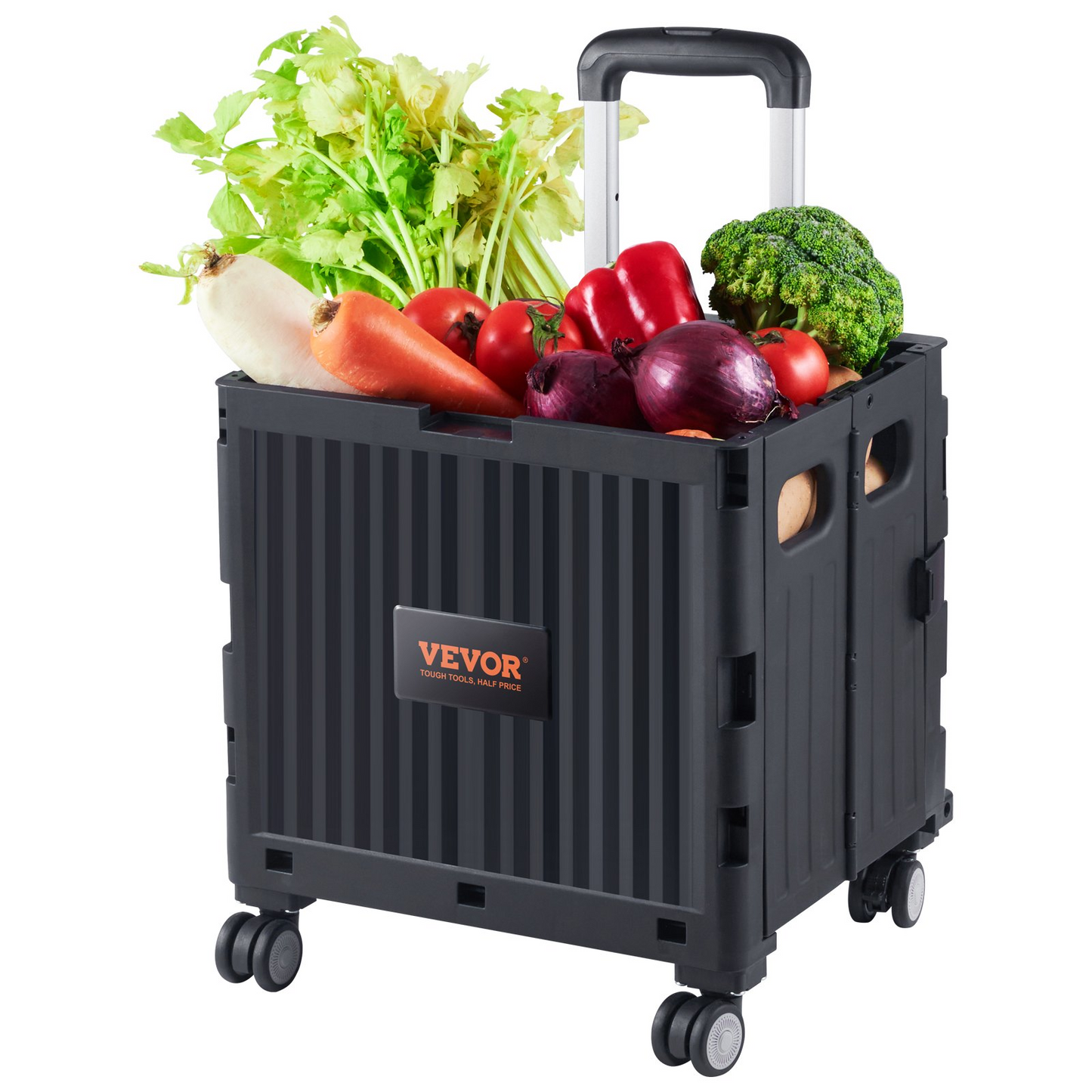 VEVOR Foldable Utility Cart, 110 lbs Load Capacity, Folding Portable Rolling Crate Handcart with Heavy Duty Telescoping Handle and 4 Rotate Wheels for Travel Shopping Moving Luggage Office Use, Black