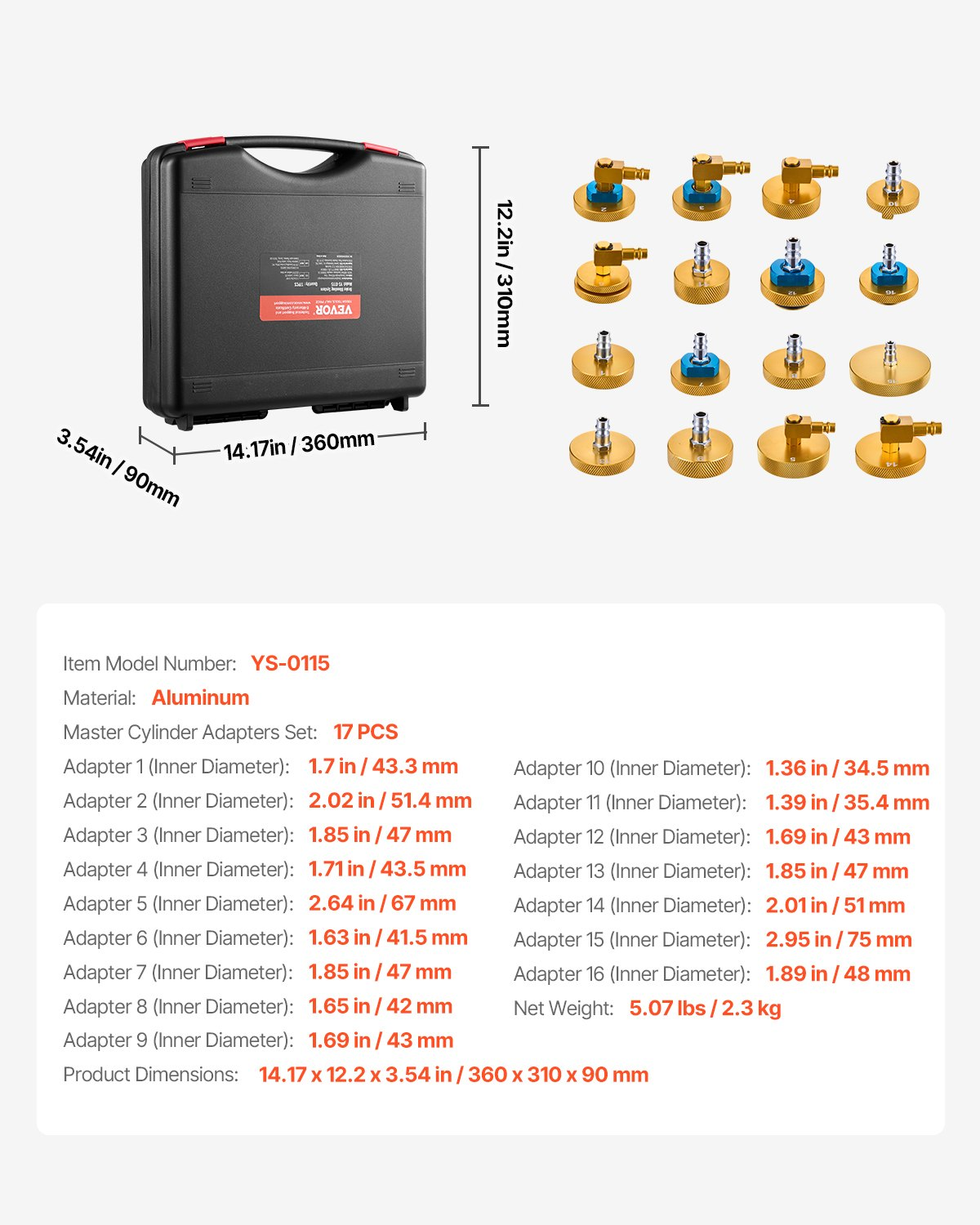 VEVOR 17 Pcs Brake Master Bleeder Kit Brake Bleeder Adapter Set for Most Vehicles