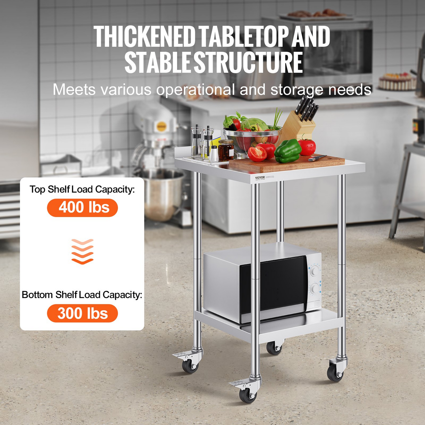 VEVOR Stainless Steel Work Table Commercial Food Prep Table 24"x24" with Casters