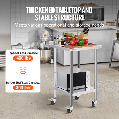 VEVOR Stainless Steel Work Table Commercial Food Prep Table 24"x24" with Casters
