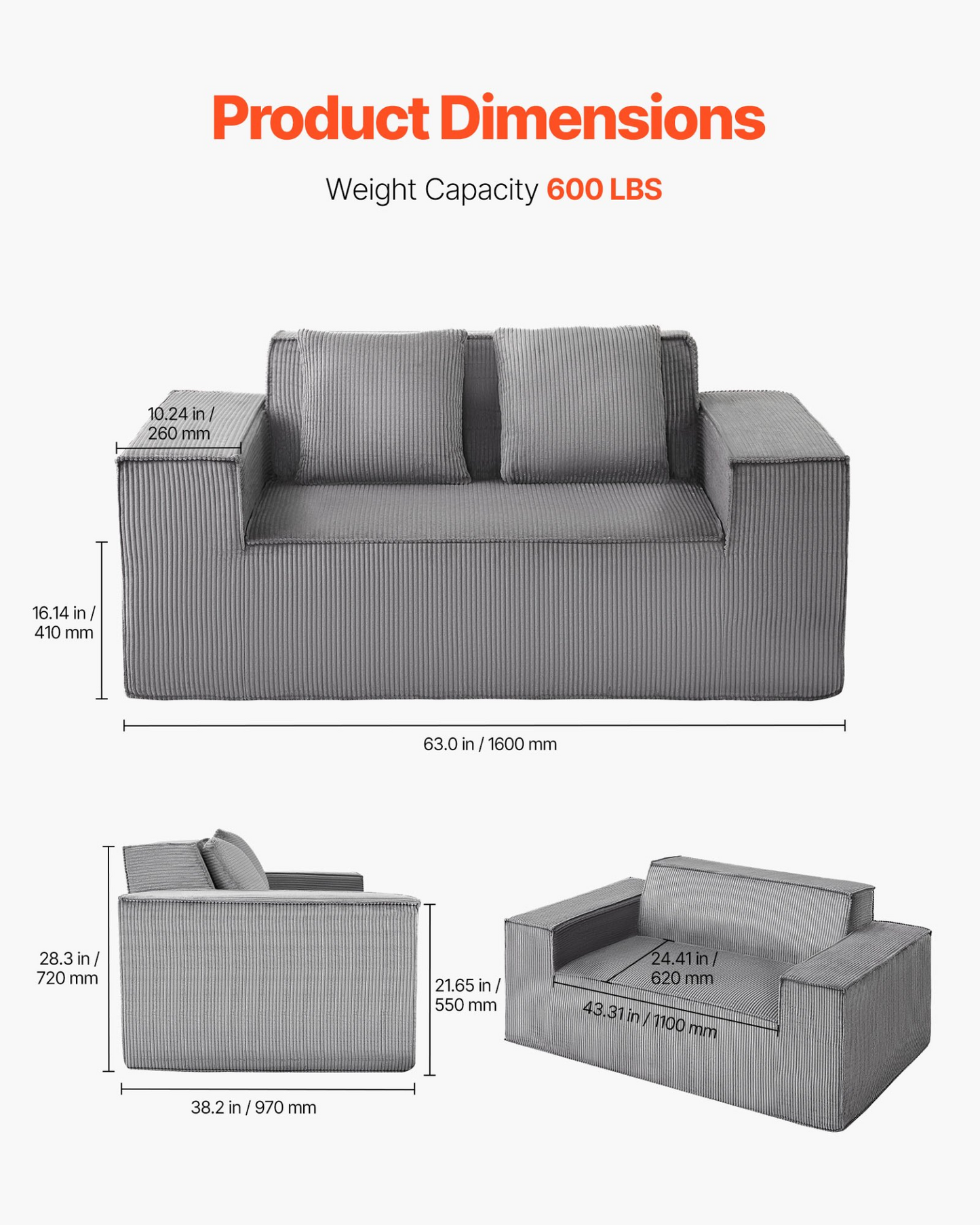 VEVOR Loveseat Sofa 63 in 2-Seats Small Corduroy Couch No Assembly Required Gray