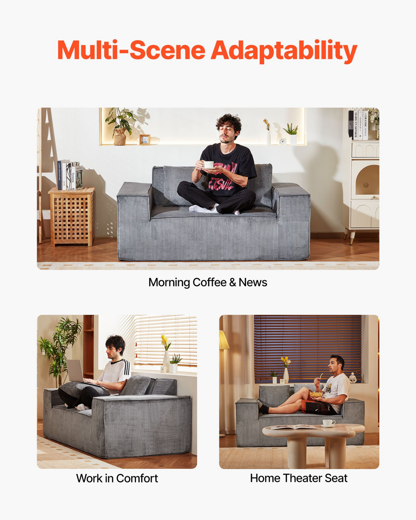 VEVOR Loveseat Sofa 63 in 2-Seats Small Corduroy Couch No Assembly Required Gray