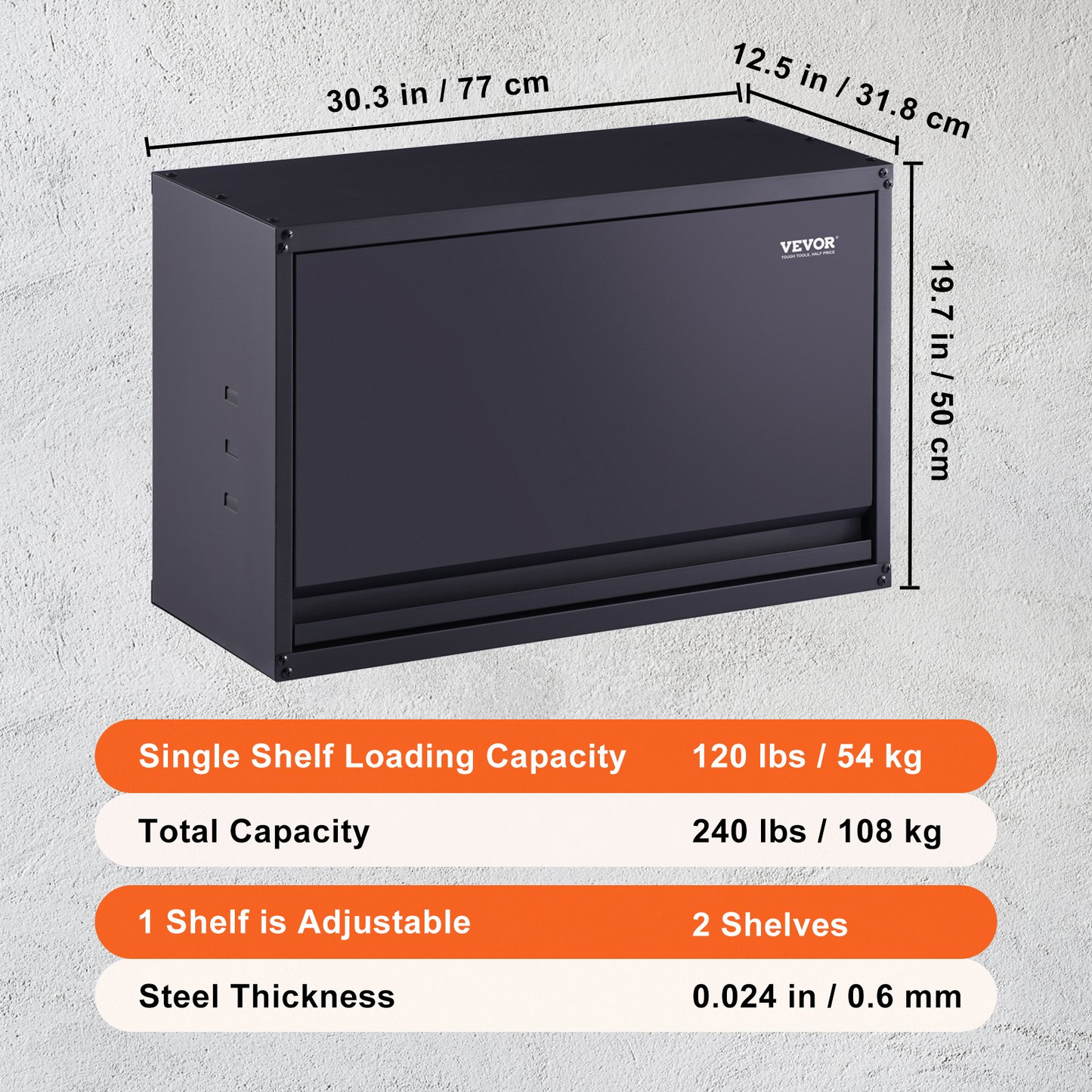 VEVOR Metal Storage Cabinet, 54.4 kg Load Capacity per Shelf, 50.8 cm Tall Wall-Mounted Powder-Coating Steel Garage Cabinet with Adjustable Shelf, Press to Lock & Open Door, Perfect for Office Home Garage