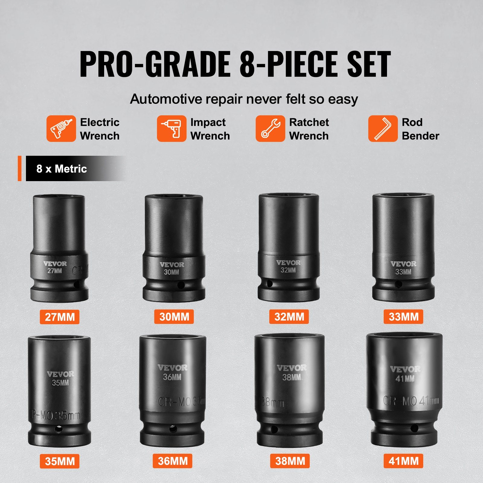 VEVOR Impact Sockets Set 8pcs 6-Point 2.5 cm Drive Bit Ratchet Tool Kit Case