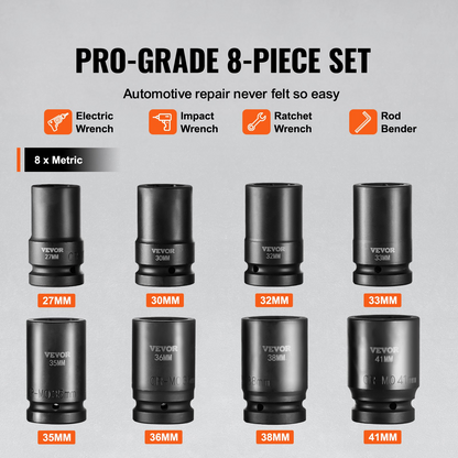 VEVOR Impact Sockets Set 8pcs 6-Point 2.5 cm Drive Bit Ratchet Tool Kit Case