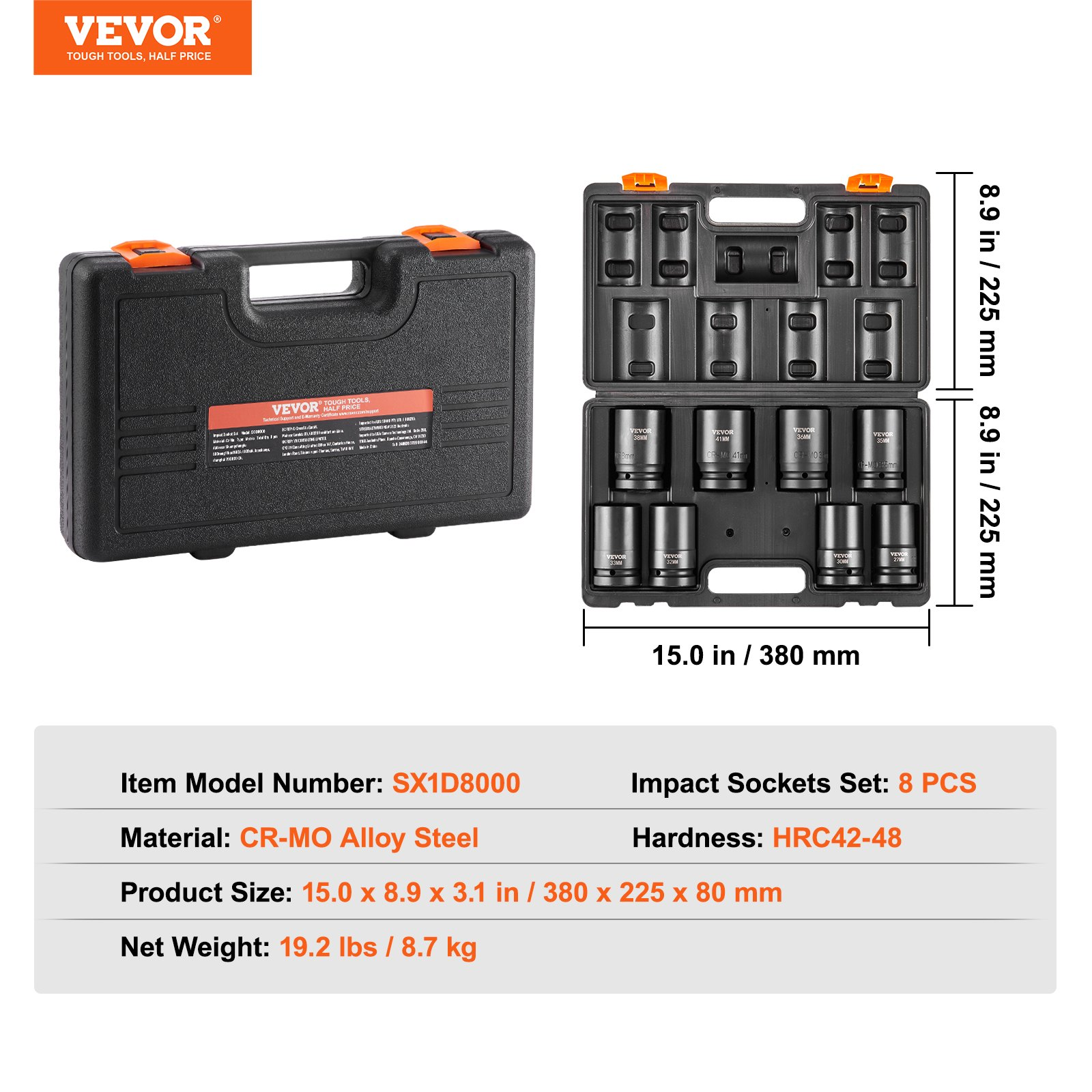 VEVOR Impact Sockets Set 8pcs 6-Point 2.5 cm Drive Bit Ratchet Tool Kit Case