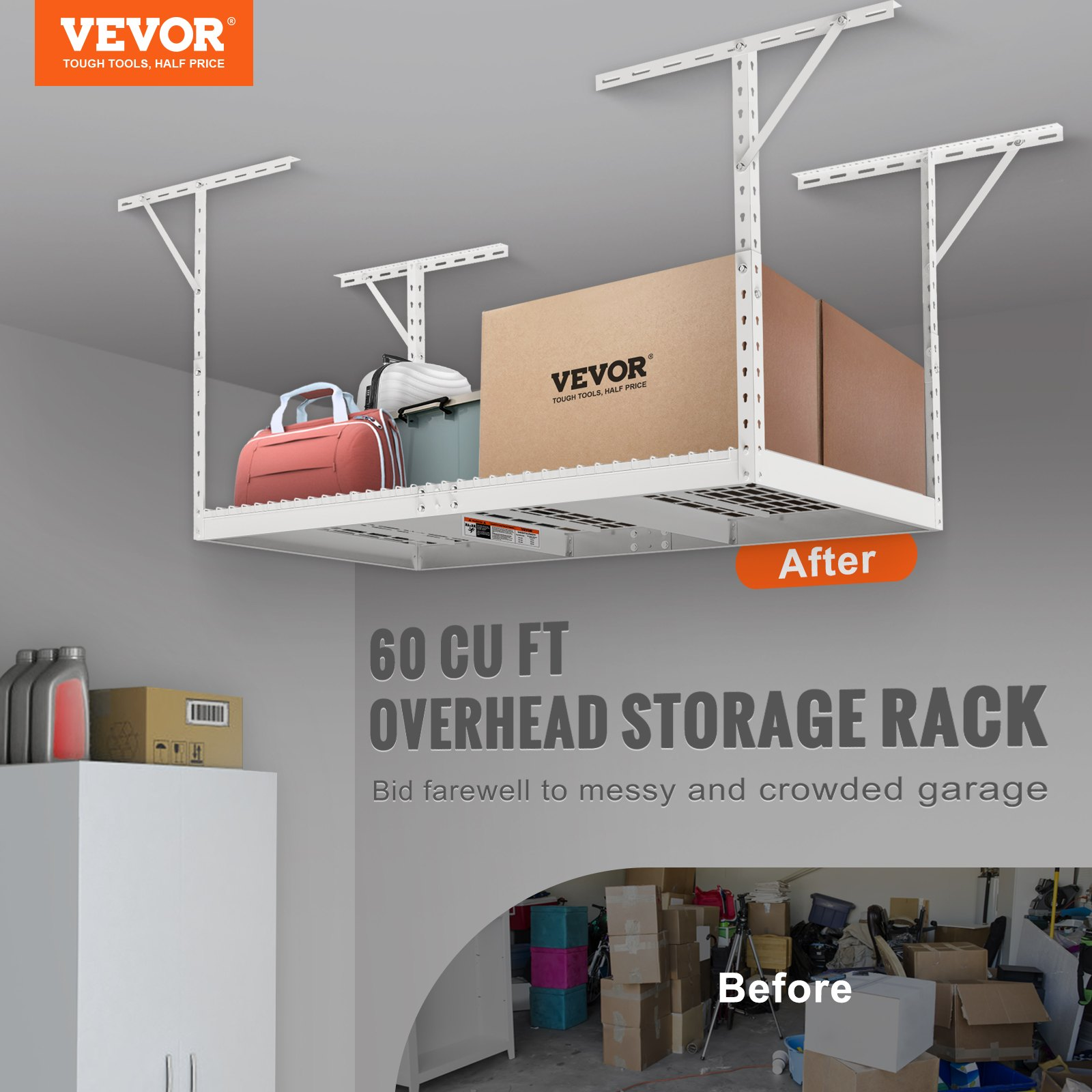 VEVOR Overhead Garage Storage Rack, 36x72 inch Garage Ceiling Storage Racks, Heavy Duty Adjustable Cold Rolled Steel Racks for Garage Storage, Organization, 550 lbs Load Capacity, 22''-40", White