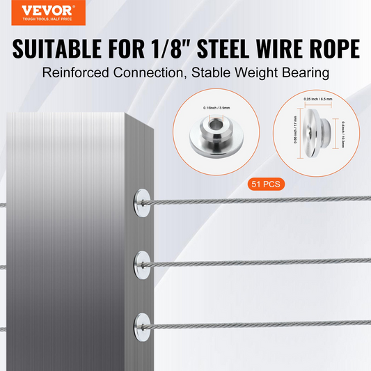 VEVOR 51Pack Cable Railing Kit 3.2mm Wheel Protector Sleeves, Bundle with Black Invisible 3.2mm Swage Tensioner and Terminal, Cable Railing Post Safeguard Covers for 0.41inch Horizontal Hole Post