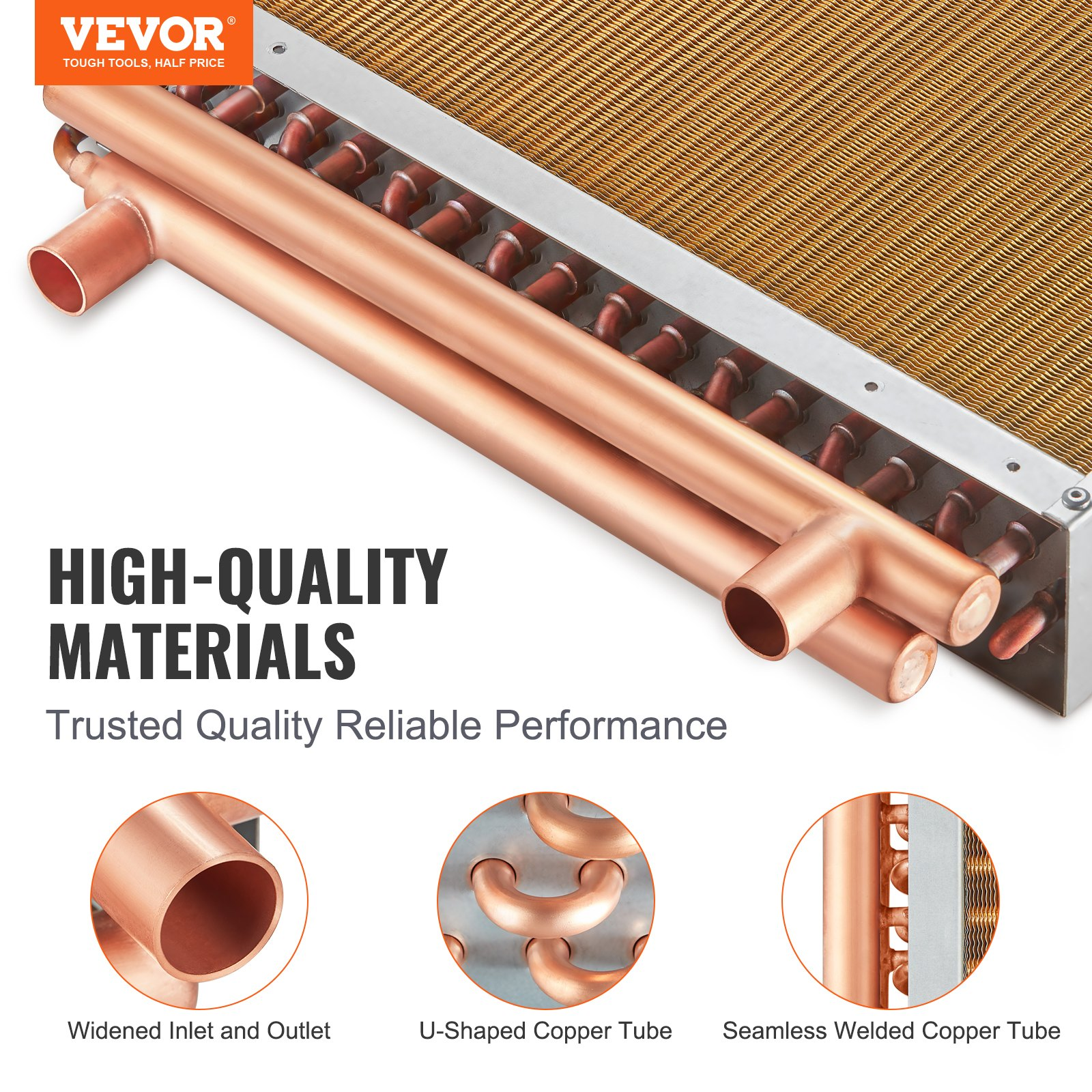 VEVOR 18"x 20"/45.7 x 50.8 cm Heat Exchanger Water to Air 3-Row 3/8"/ 1 cm Copper Ports 242 Fins