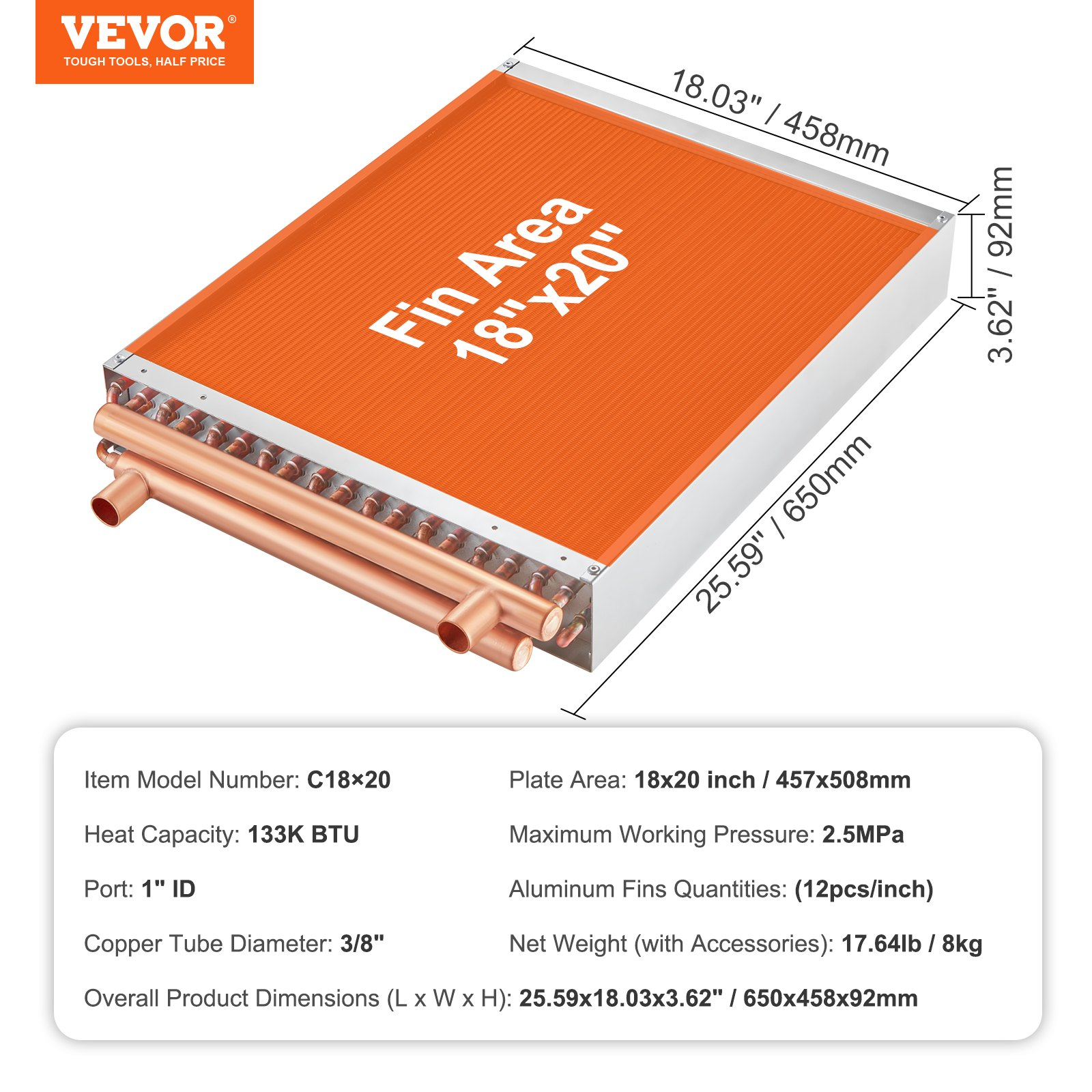 VEVOR 18"x 20"/45.7 x 50.8 cm Heat Exchanger Water to Air 3-Row 3/8"/ 1 cm Copper Ports 242 Fins