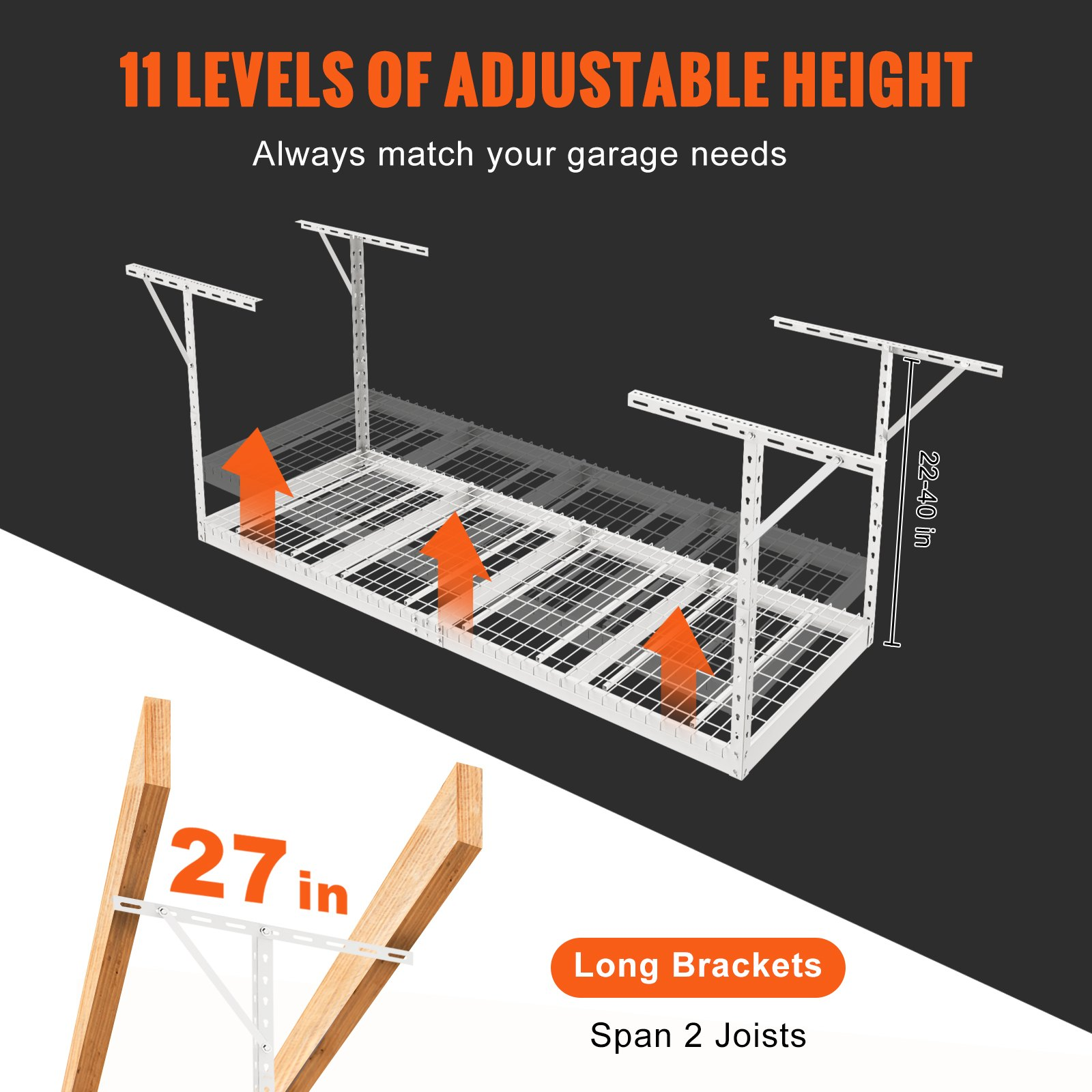 VEVOR Overhead Garage Storage Rack, 36x96 inch Garage Ceiling Storage Racks, Heavy Duty Adjustable Cold Rolled Steel Racks for Garage Storage, Organization, 600 lbs Load Capacity, 22''-40", White