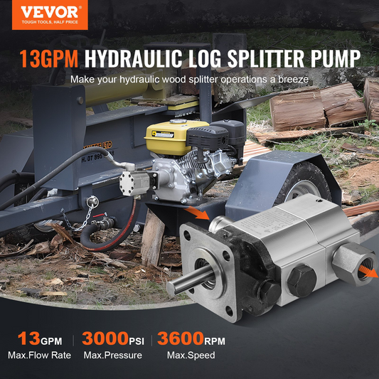 VEVOR Hydraulic Log Splitter Pump, 13GPM, 2 Stage 3000PSI Wood Log Splitter Pump, 1'' Inlet 1/2'' NPT Outlet 3600 RPM Aluminum Hydraulic Gear Pump, for Small Engine Mounting Log Splitters Snowplow
