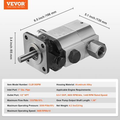 VEVOR Hydraulic Log Splitter Pump, 13GPM, 2 Stage 3000PSI Wood Log Splitter Pump, 1'' Inlet 1/2'' NPT Outlet 3600 RPM Aluminum Hydraulic Gear Pump, for Small Engine Mounting Log Splitters Snowplow