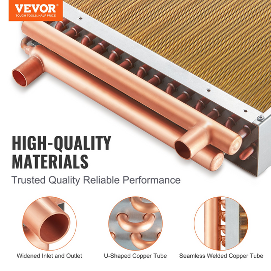 VEVOR 16"x 16"/40.6 x 40.6 cm Heat Exchanger Water to Air 3-Row 3/8"/ 1 cm Copper Ports 193 Fins