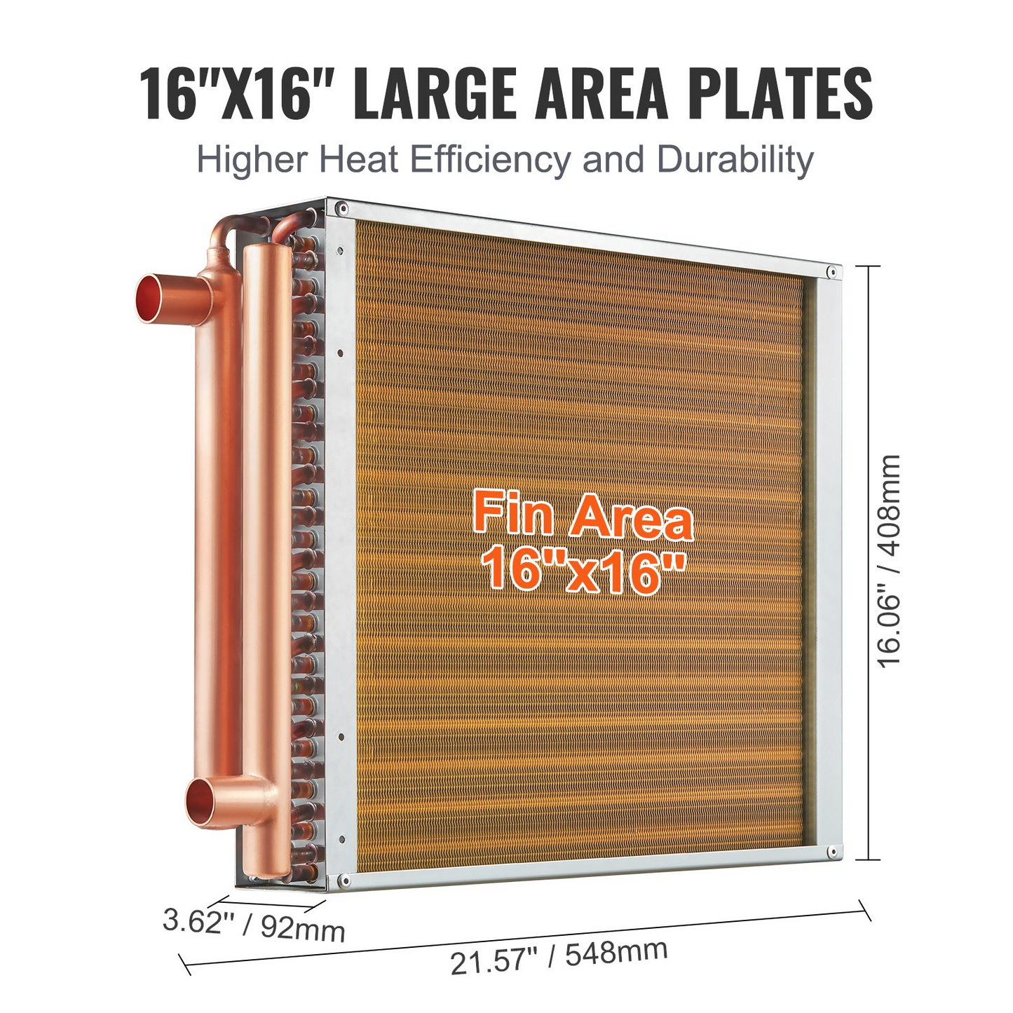 VEVOR 16"x 16"/40.6 x 40.6 cm Heat Exchanger Water to Air 3-Row 3/8"/ 1 cm Copper Ports 193 Fins