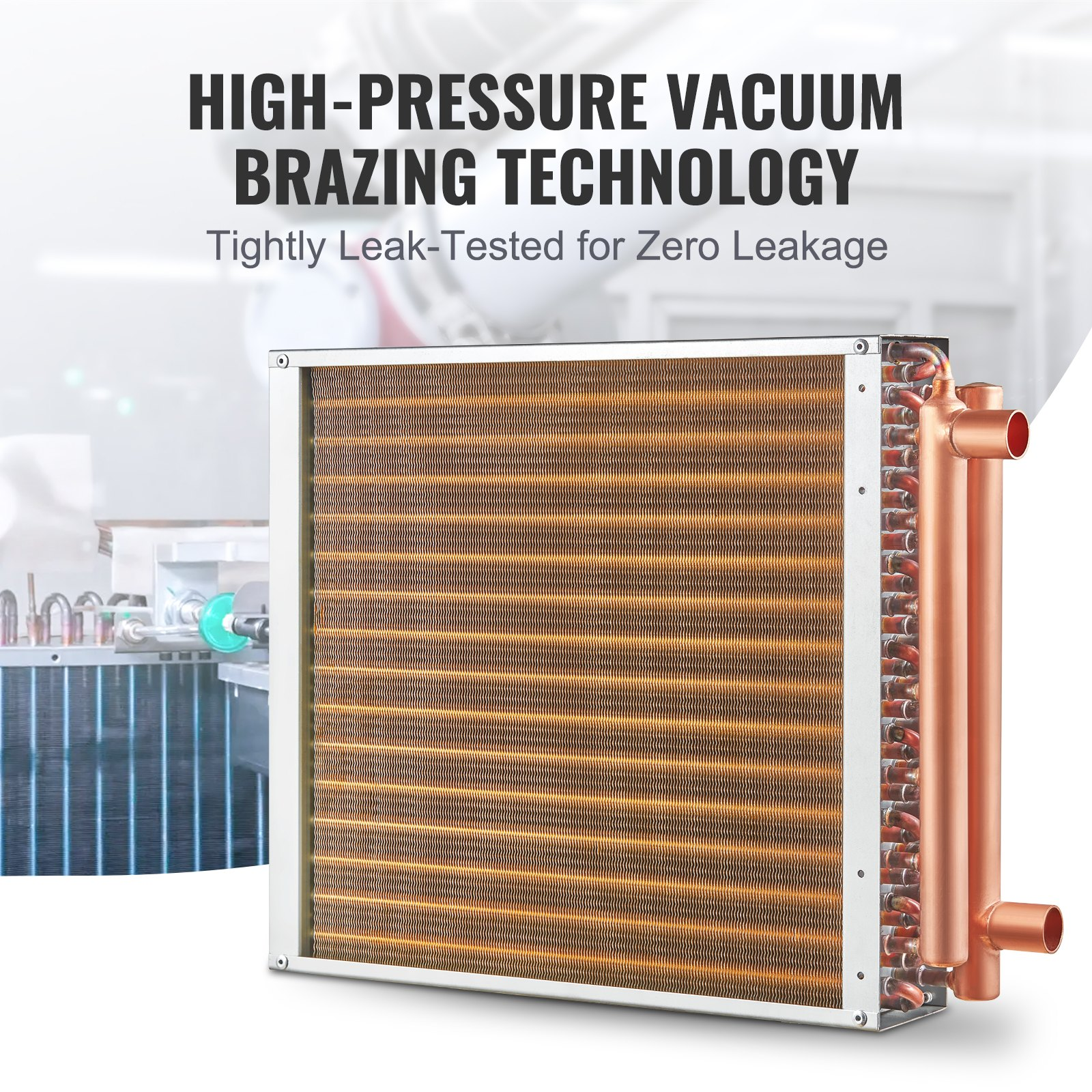 VEVOR 16"x 16"/40.6 x 40.6 cm Heat Exchanger Water to Air 3-Row 3/8"/ 1 cm Copper Ports 193 Fins