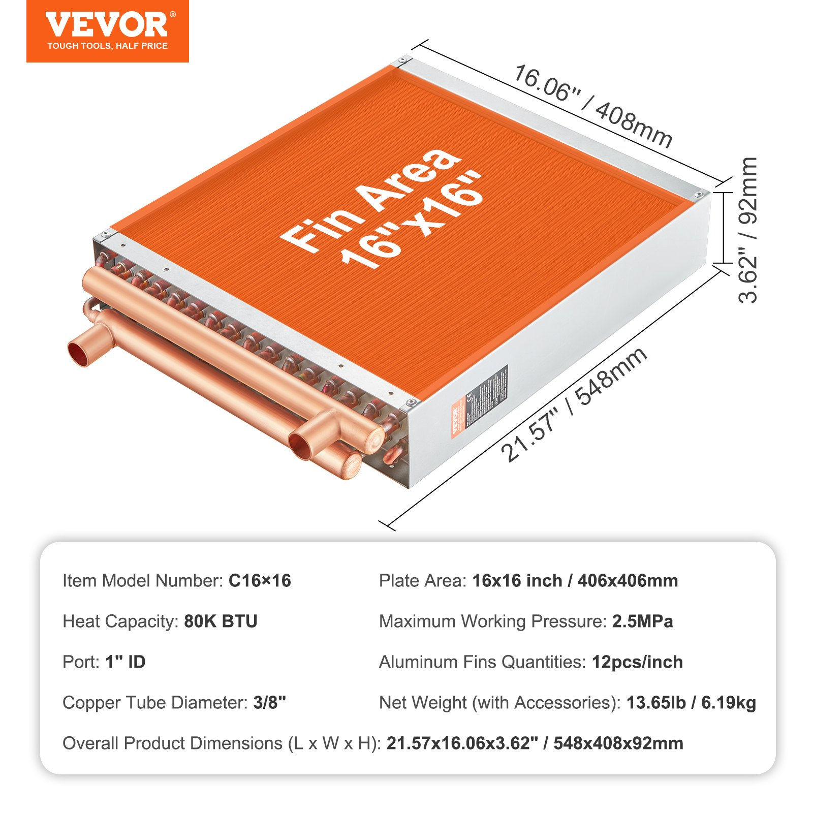 VEVOR 16"x 16"/40.6 x 40.6 cm Heat Exchanger Water to Air 3-Row 3/8"/ 1 cm Copper Ports 193 Fins