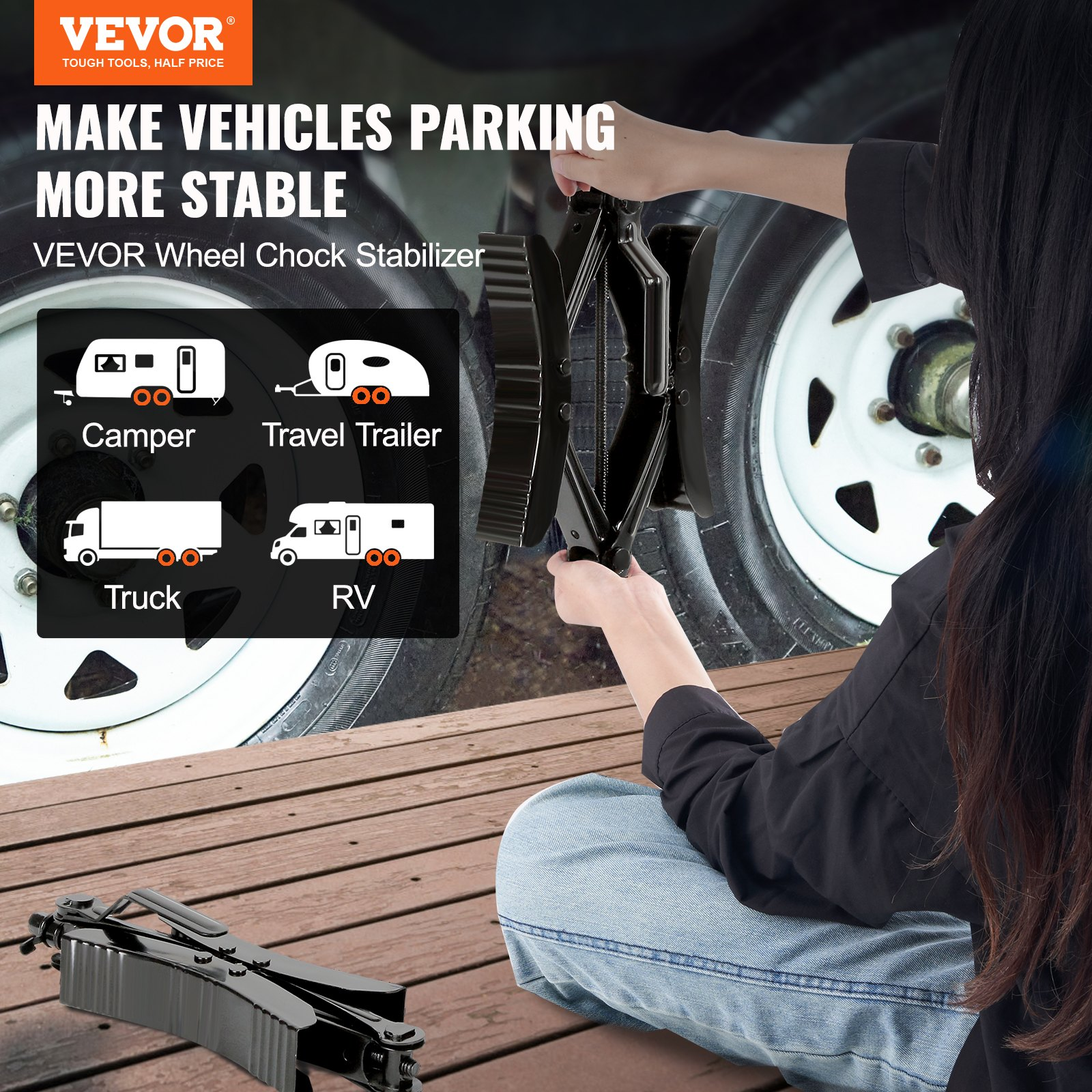 VEVOR Camper Wheel Chock Stabilizer, Heavy Duty H-shaped RV Tire Locking Chock, Built-in Wrench Fit for 3.5" to 12" Tire Space, 2 Sets of Camper Wheel Chocks with Ratchet Wrench for RV Travel Trailer