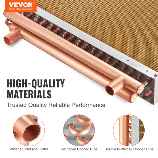 VEVOR 20"x 20"/50.8 x 50.8 cm Heat Exchanger Water to Air 3-Row 3/8"/ 1 cm Copper Ports 242 Fins