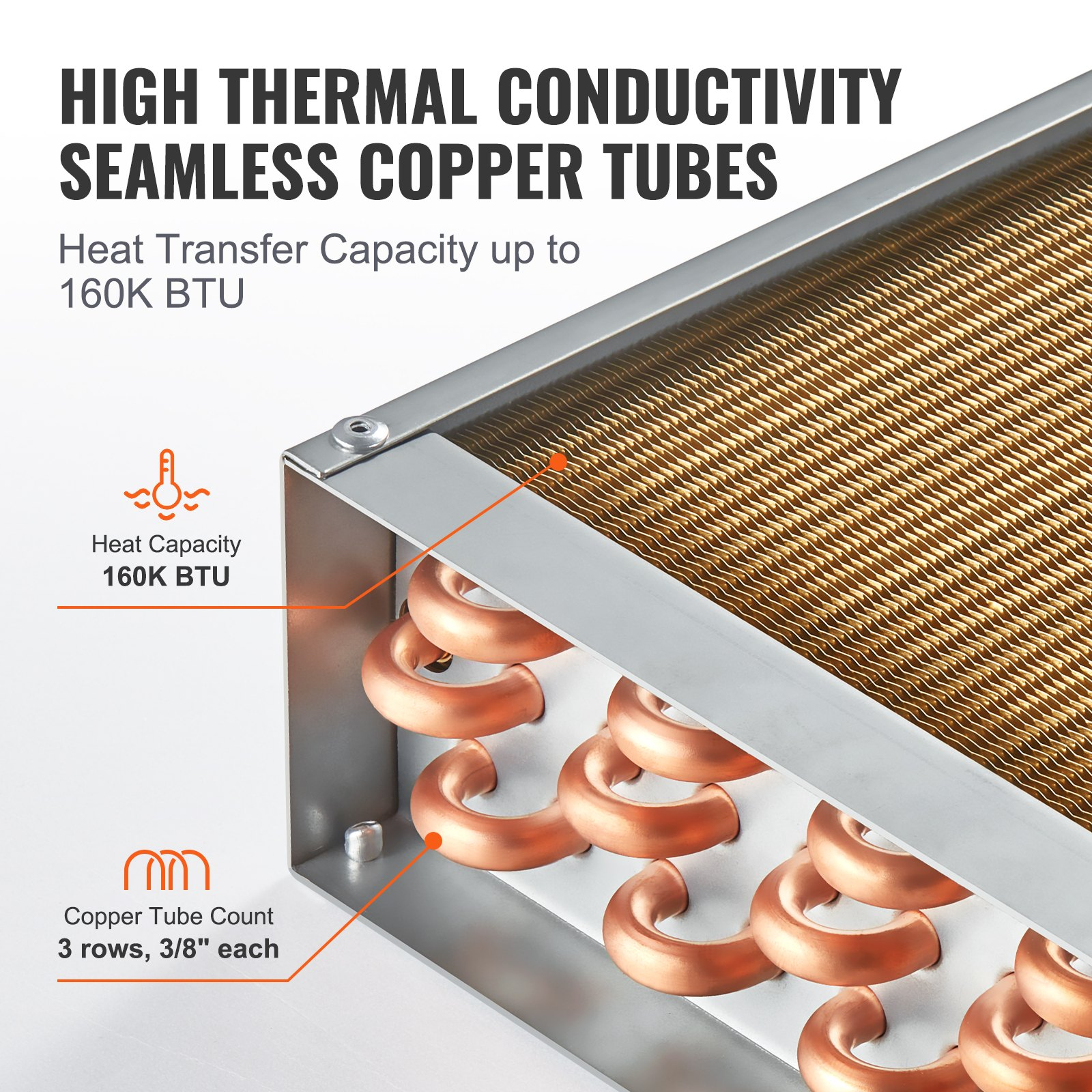 VEVOR 20"x 20"/50.8 x 50.8 cm Heat Exchanger Water to Air 3-Row 3/8"/ 1 cm Copper Ports 242 Fins