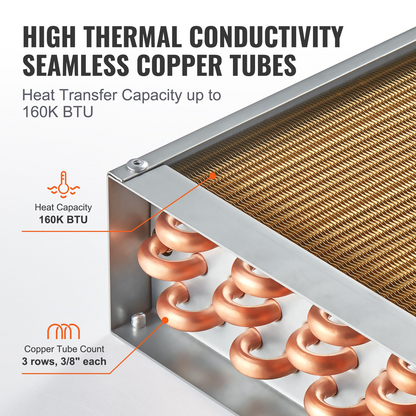 VEVOR 20"x 20"/50.8 x 50.8 cm Heat Exchanger Water to Air 3-Row 3/8"/ 1 cm Copper Ports 242 Fins