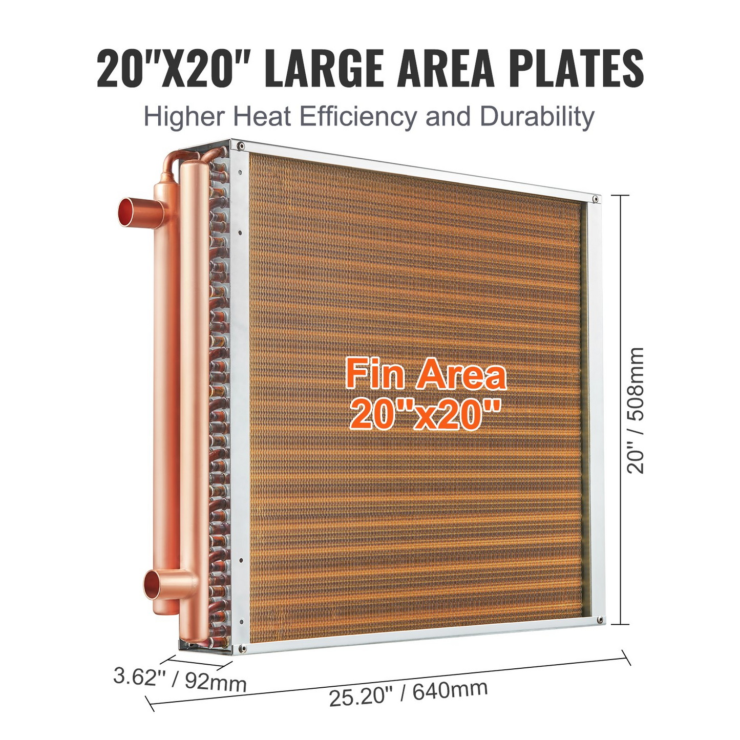 VEVOR 20"x 20"/50.8 x 50.8 cm Heat Exchanger Water to Air 3-Row 3/8"/ 1 cm Copper Ports 242 Fins