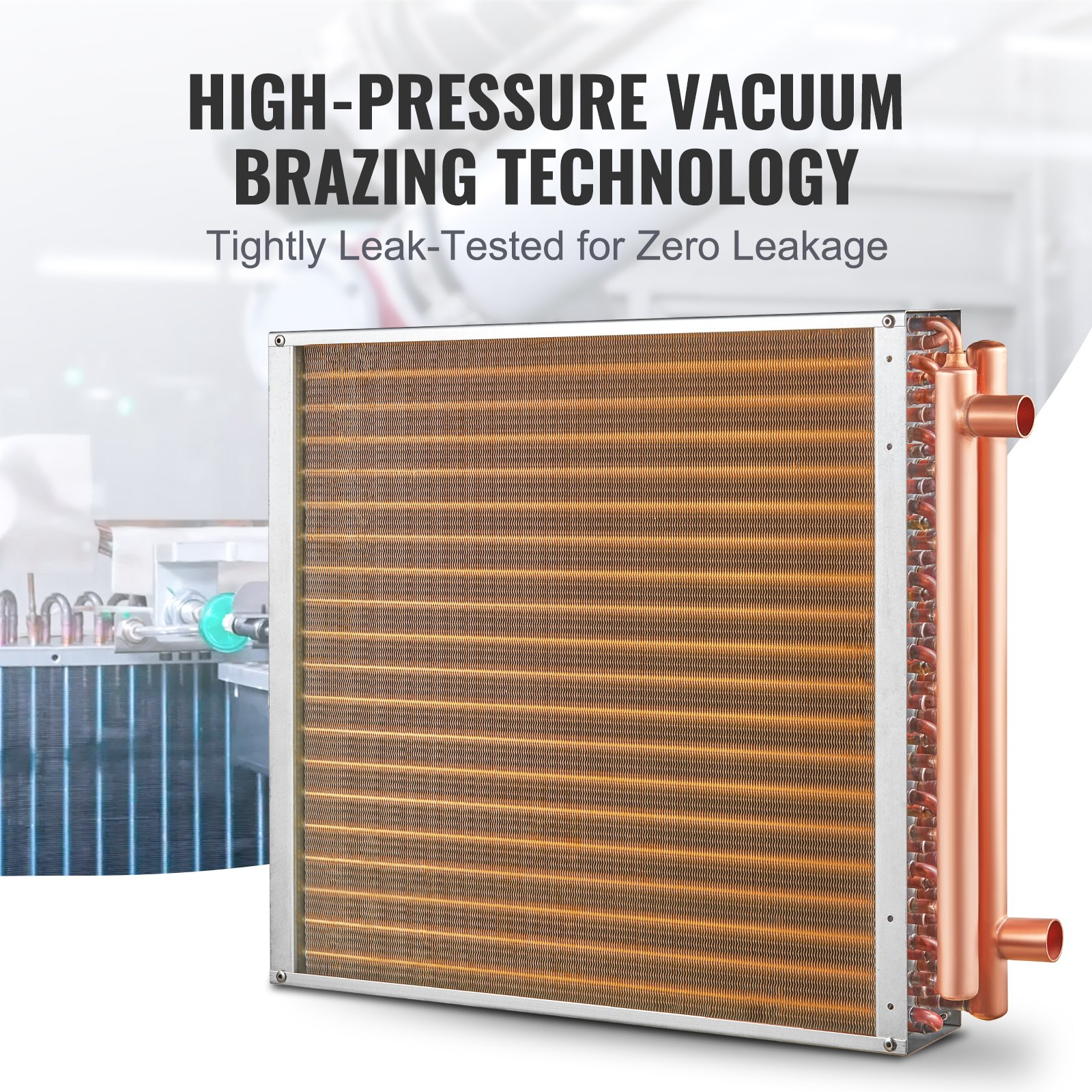 VEVOR 20"x 20"/50.8 x 50.8 cm Heat Exchanger Water to Air 3-Row 3/8"/ 1 cm Copper Ports 242 Fins